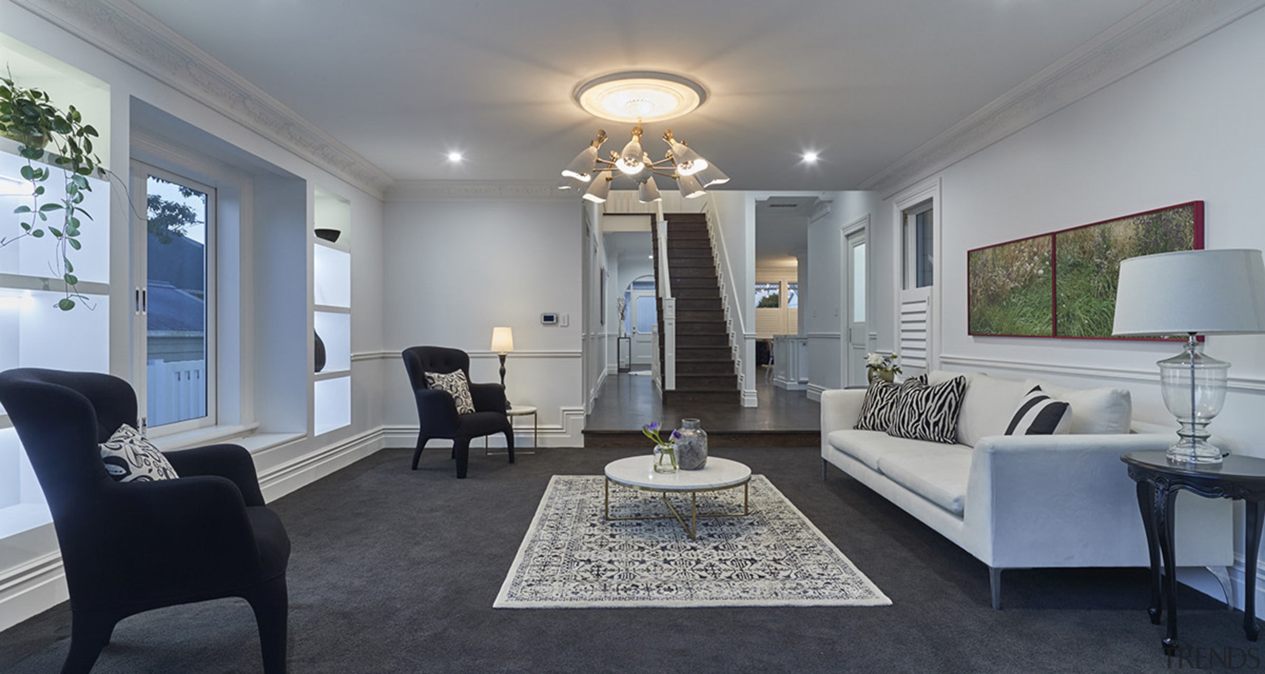 The new family room in this villa transformation ceiling, floor, home, interior design, living room, real estate, room, gray