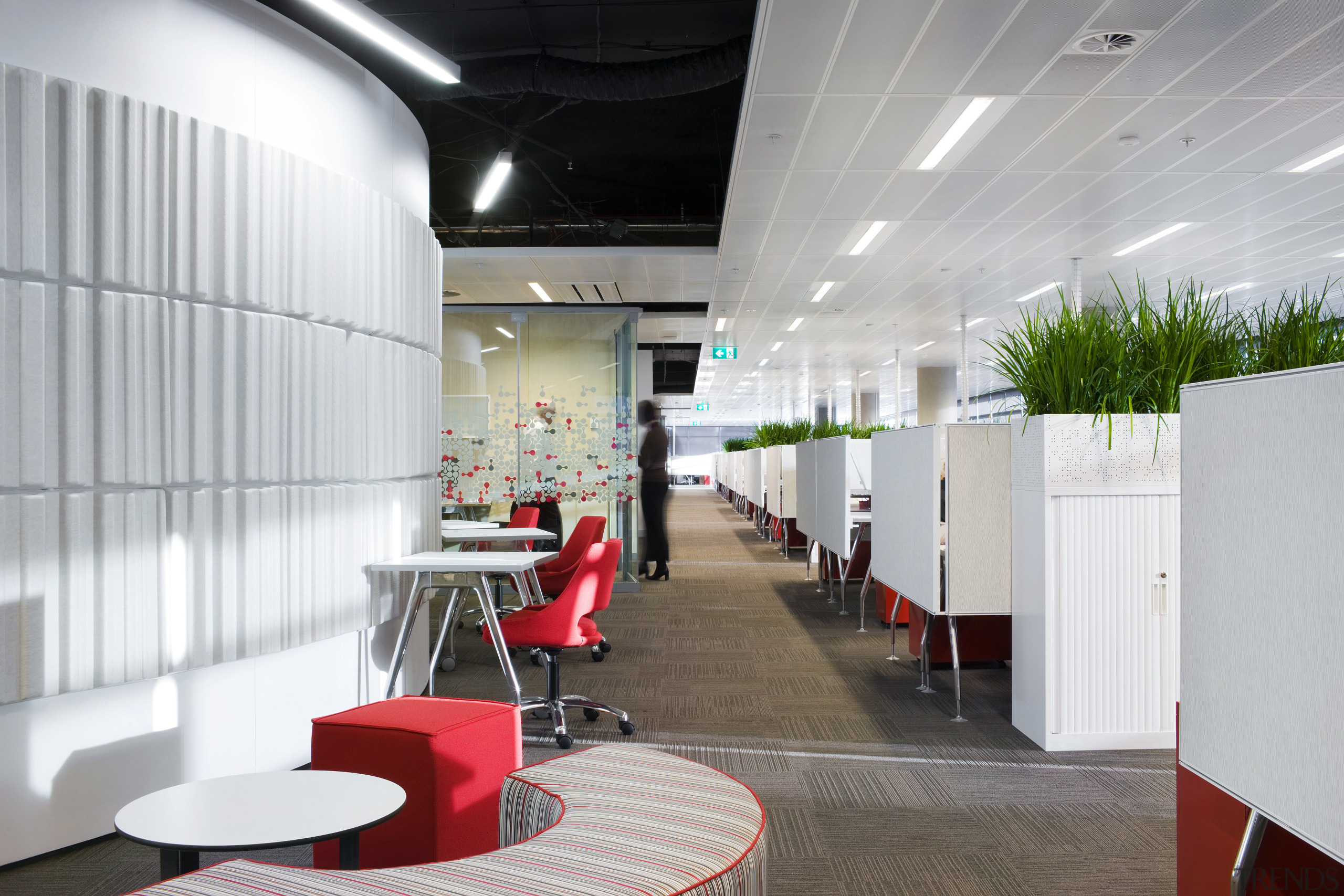 Interior view of Fujitsu offices featuring white office ceiling, interior design, lobby, office, white