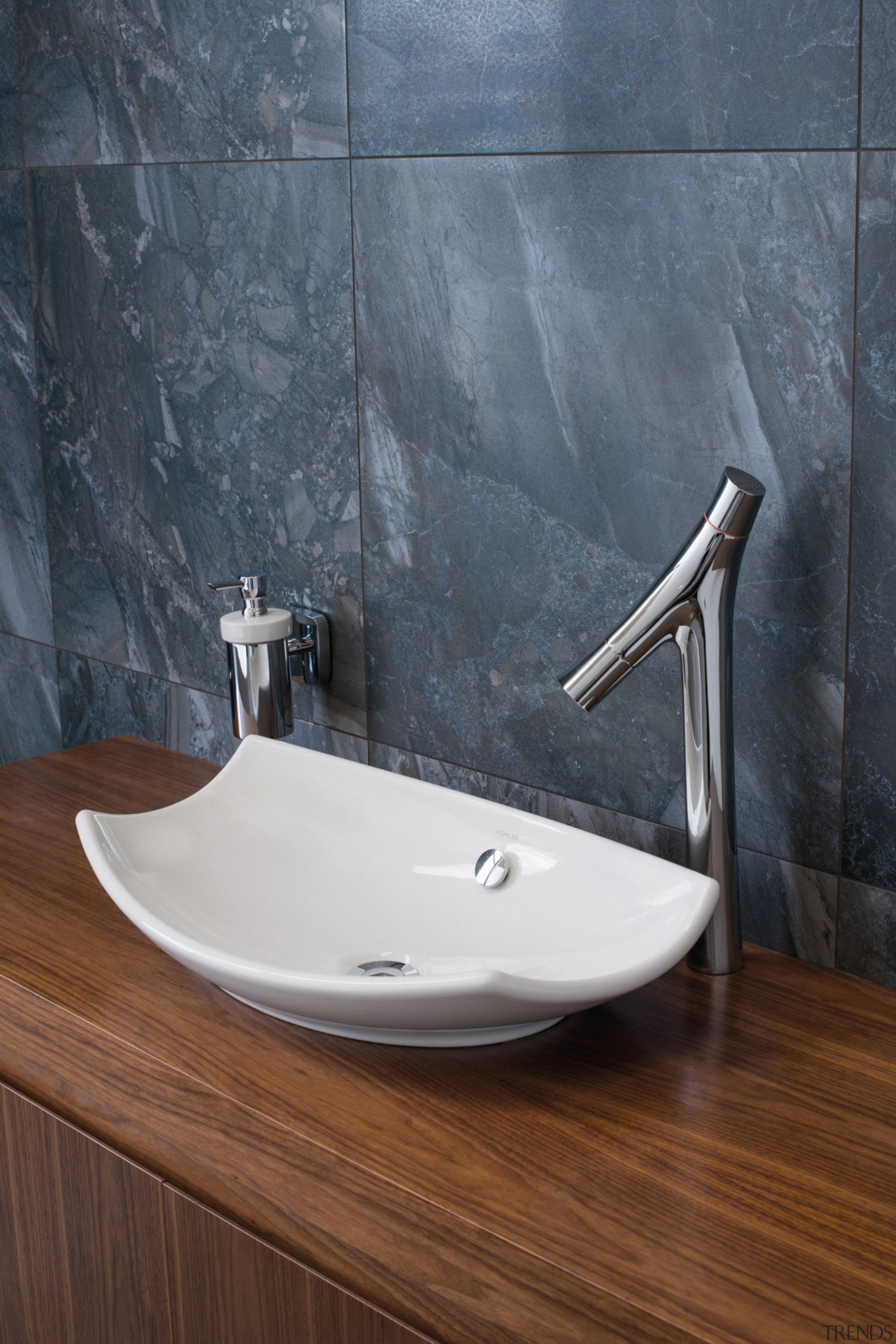 Hansgrohes Axor Starck Organic Basin Mixer and Kohlers bathroom, bathroom sink, ceramic, floor, plumbing fixture, product design, sink, tap, gray, brown