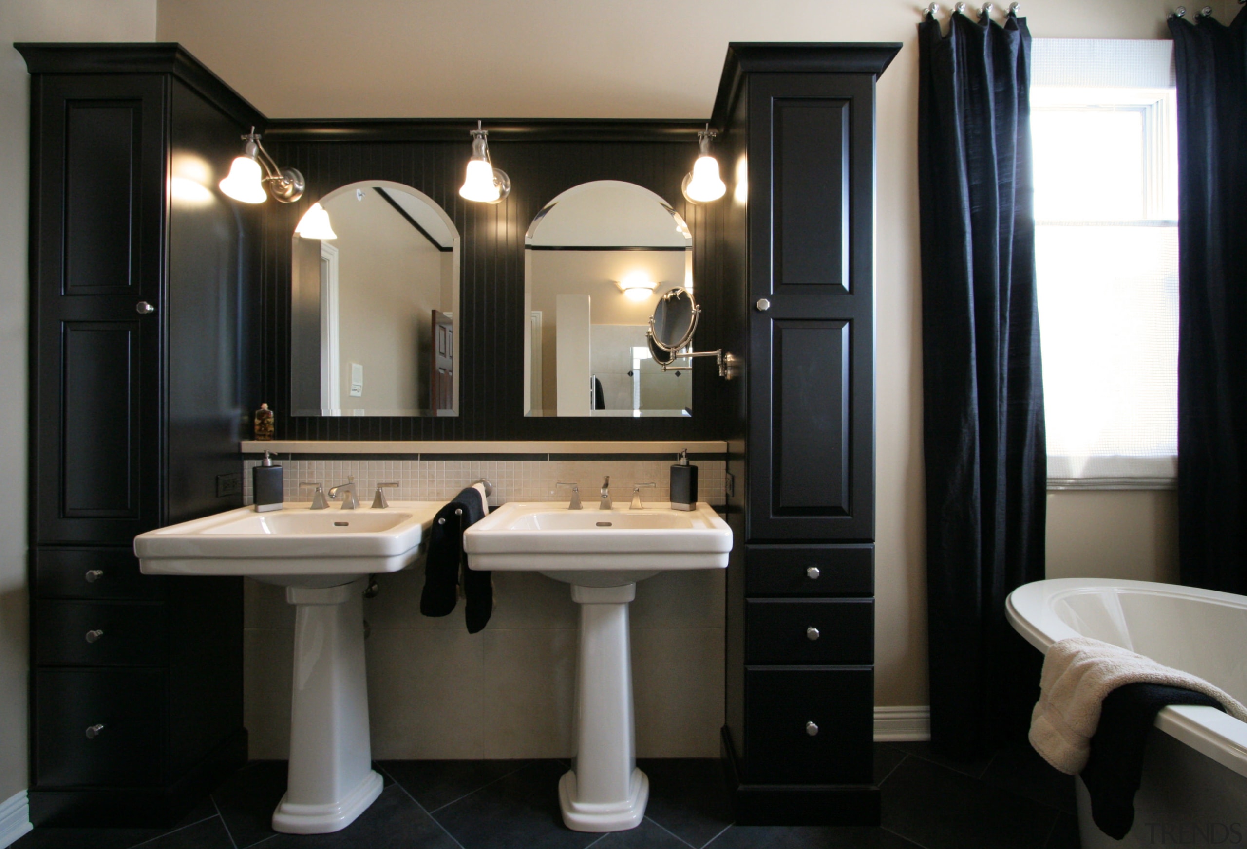 View of bathroom designed by Insignia Kitchen and bathroom, bathroom accessory, bathroom cabinet, interior design, room, sink, black