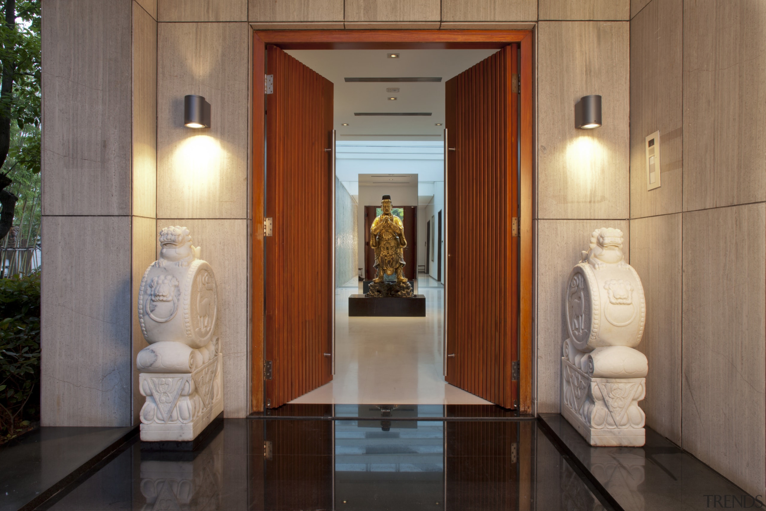 View of front entrance with timber doors, and interior design, lobby, tourist attraction