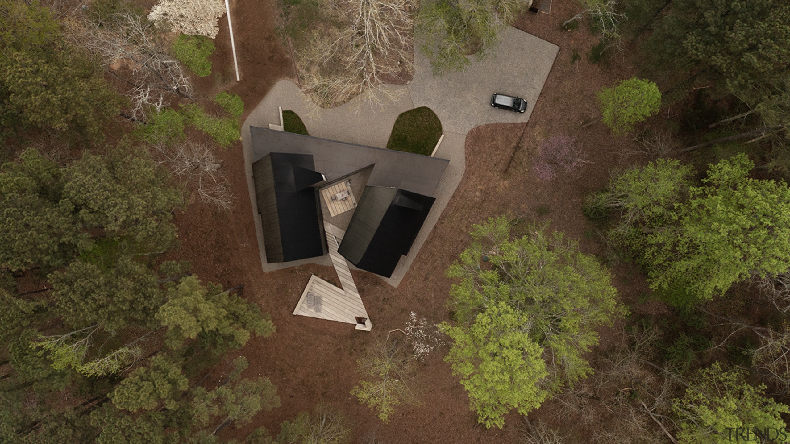Aerial view of the home showing sheltered courtyard 