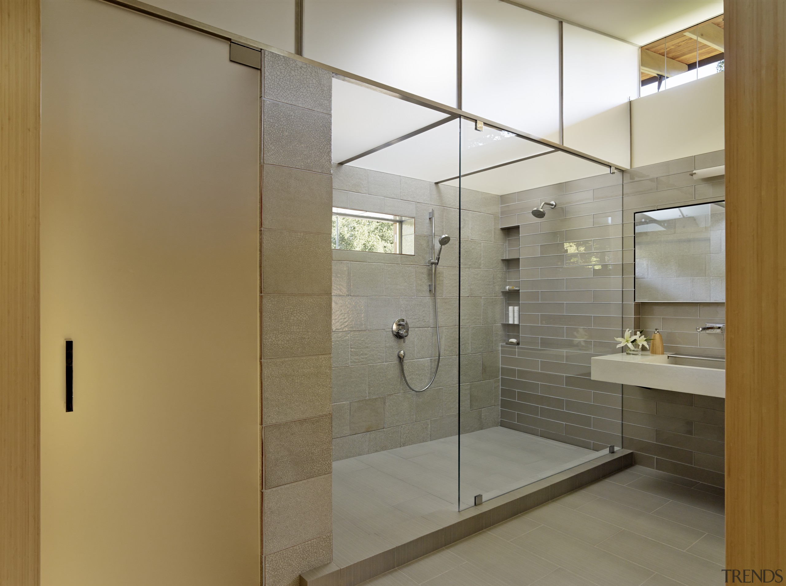 ​​​​​​​A translucent polycarbonate Plexiglass plenum that fronts on architecture, bathroom, glass, interior design, shower, plumbing fixture, FuTung Cheng, Cheng Design