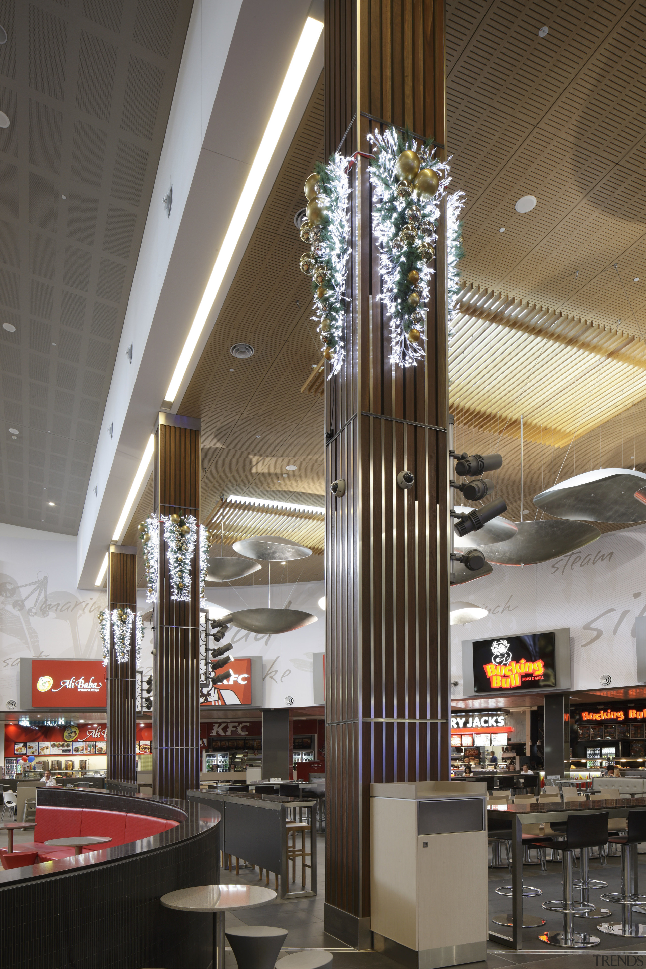 View of timber features at the Robina Town ceiling, interior design, lobby, brown, gray