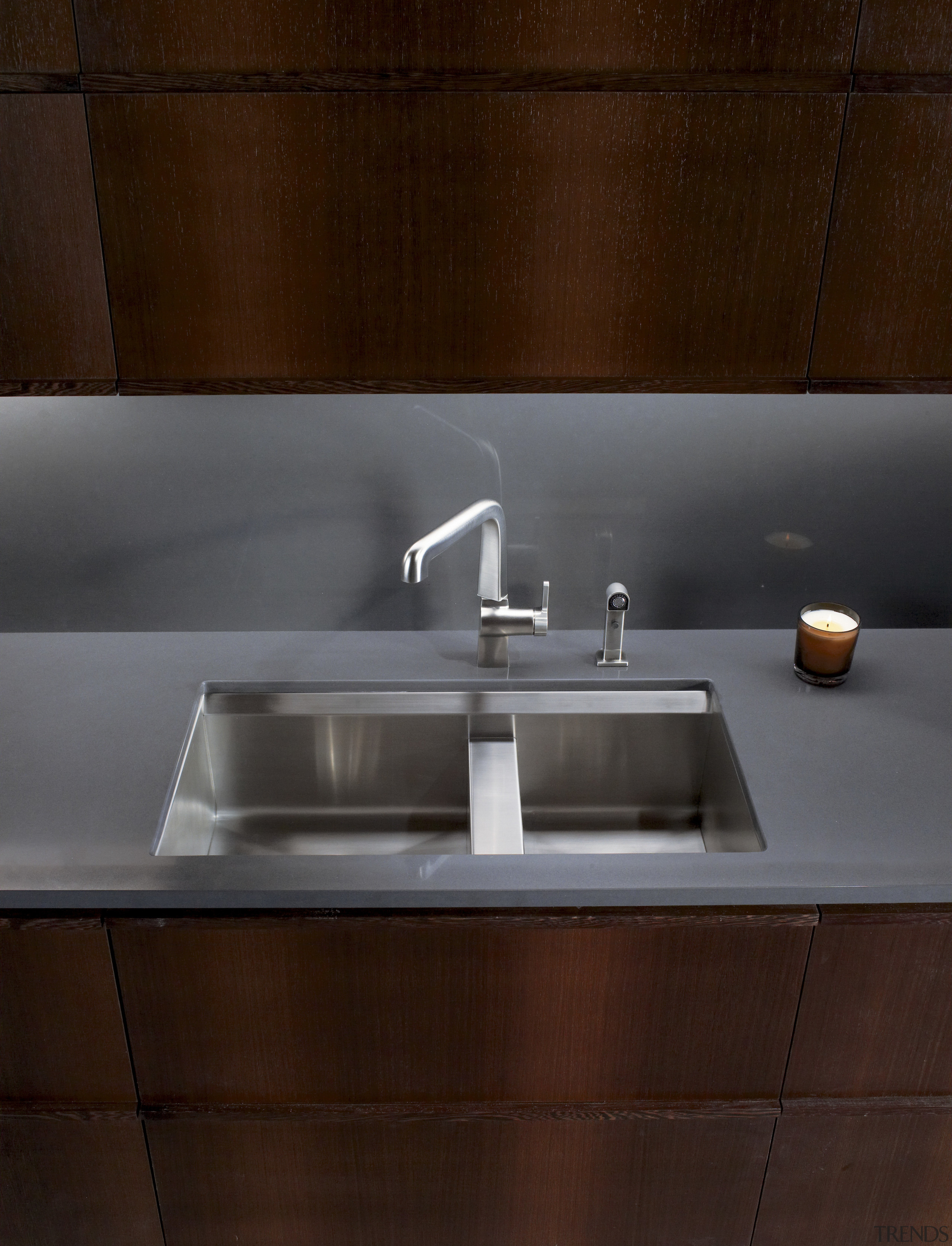 Image of kitchen sink and tapware by Kohler. bathroom, bathroom sink, countertop, plumbing fixture, product design, sink, tap, red, gray