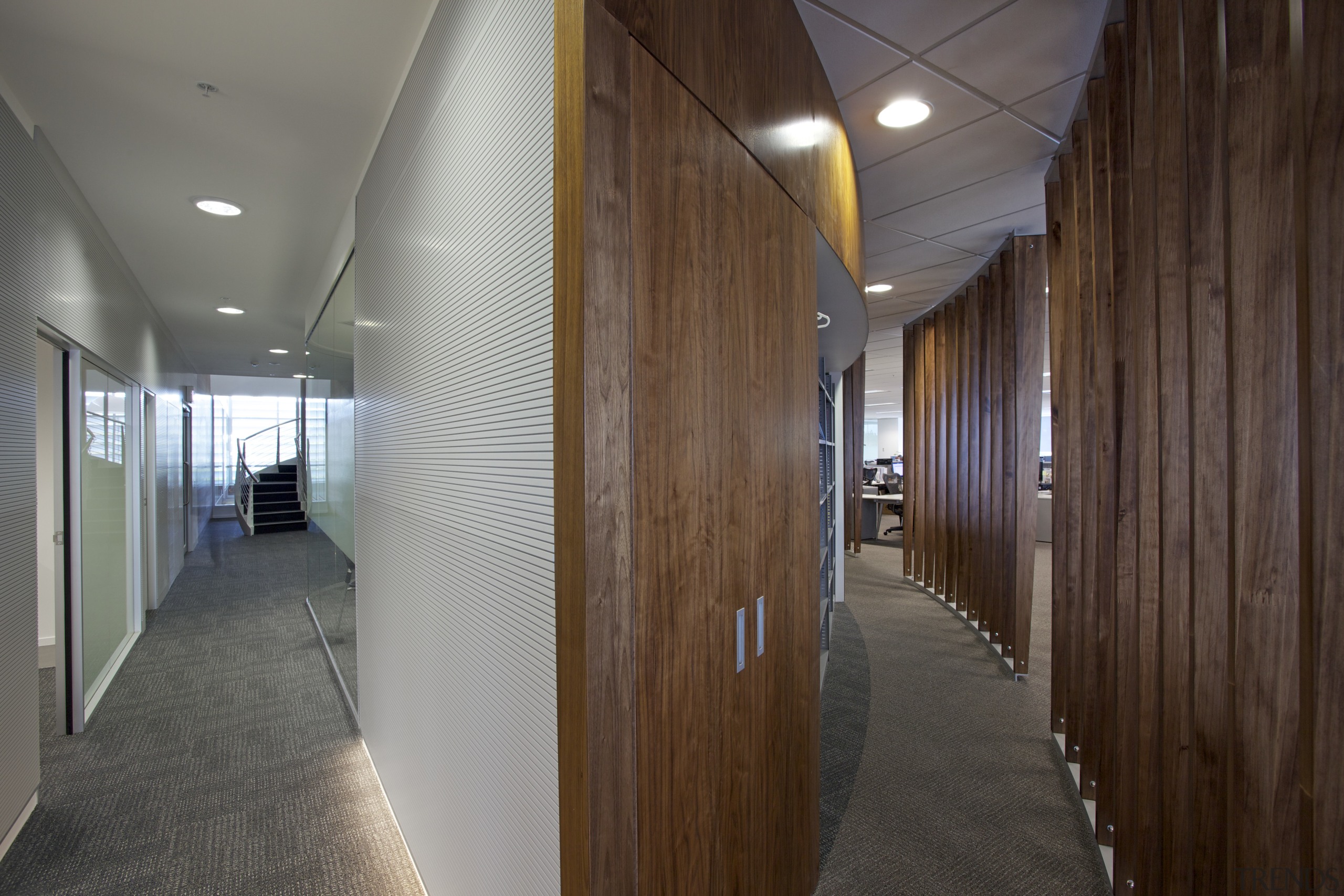 Timber screens in the GHD offices provide visual architecture, ceiling, daylighting, floor, flooring, house, interior design, lobby, real estate, wall, wood, gray, brown