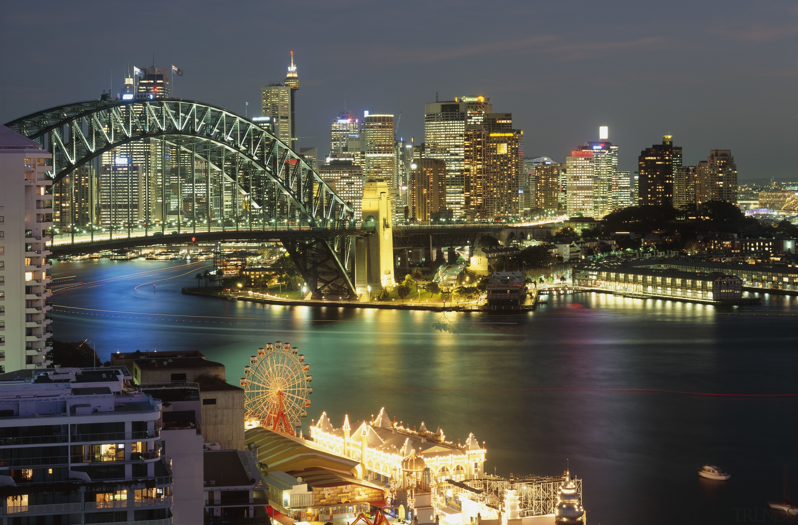 View of Sydney Harbour and the city - bridge, city, cityscape, downtown, dusk, evening, landmark, metropolis, metropolitan area, night, reflection, sky, skyline, skyscraper, tourist attraction, tower block, urban area, black