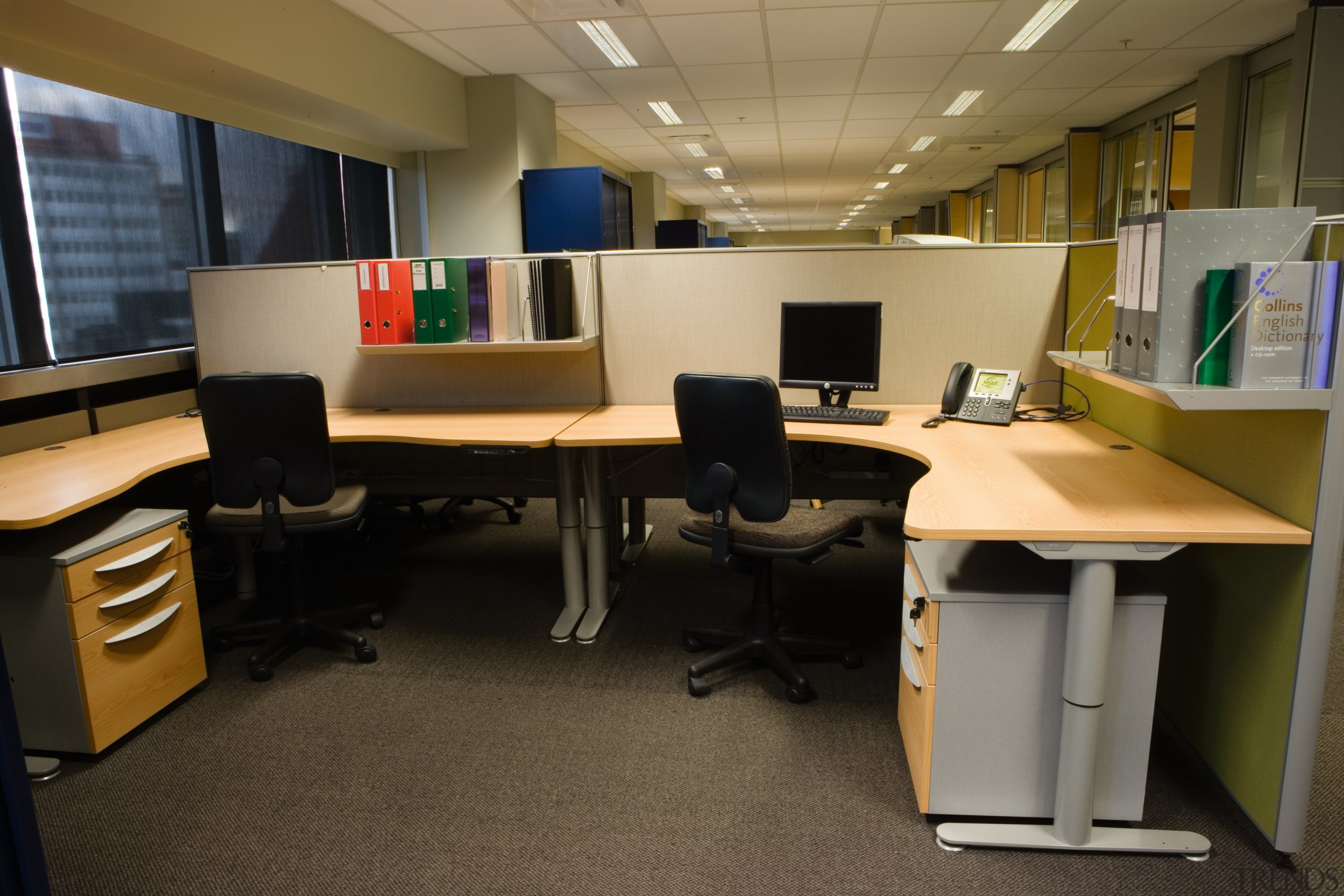 A view of some office furniture. - A desk, furniture, institution, interior design, office, black, brown