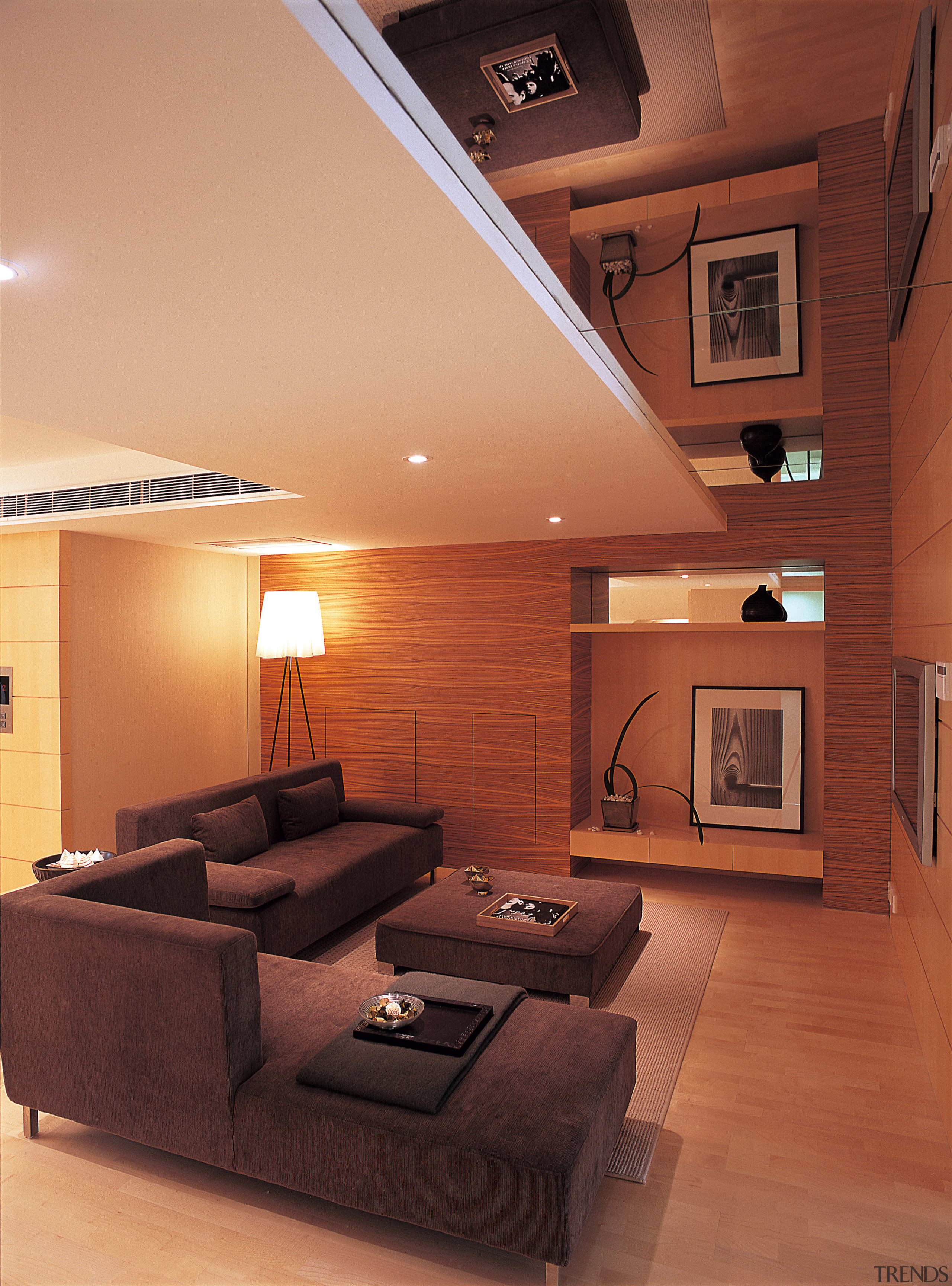 A view of a lounge area with partially ceiling, daylighting, floor, flooring, hardwood, interior design, laminate flooring, lighting, living room, room, wall, wood, wood flooring, red, orange