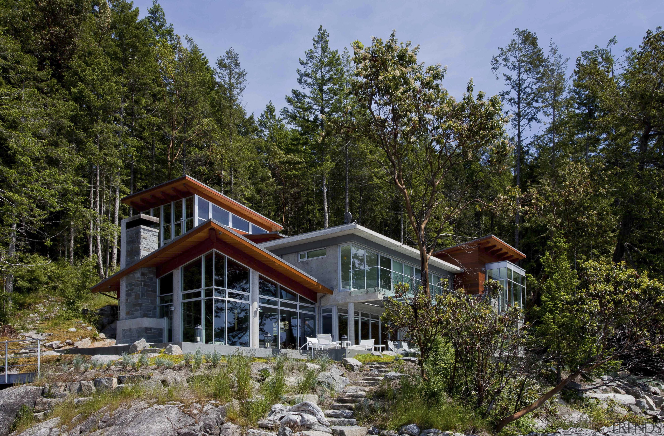 Exterior view of house. - Exterior view of cottage, home, house, hut, landscape, log cabin, plant, property, real estate, tree, brown