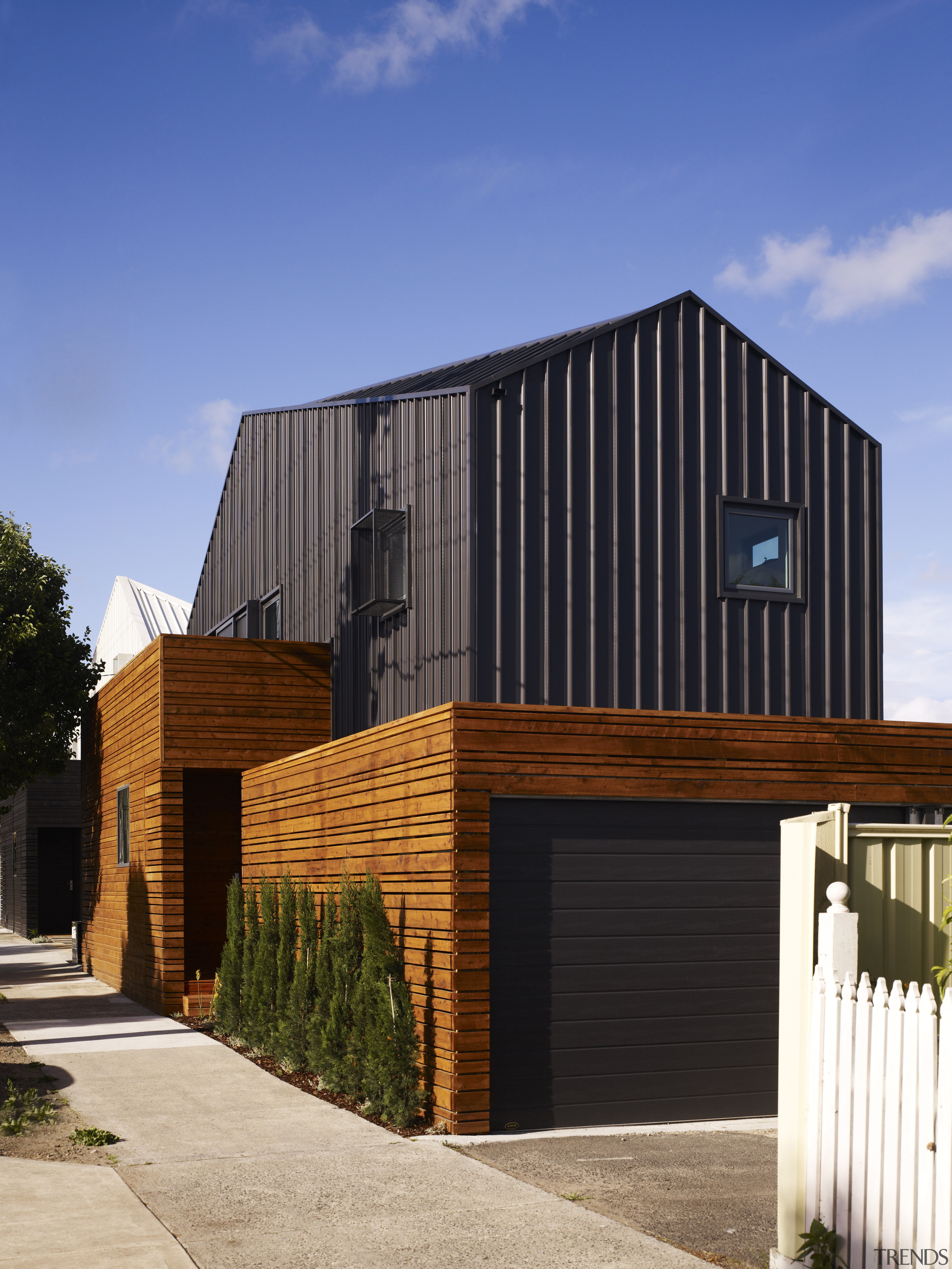 exterior of house, from back, by road. looking architecture, barn, building, facade, home, house, property, real estate, residential area, shed, siding, wood, blue