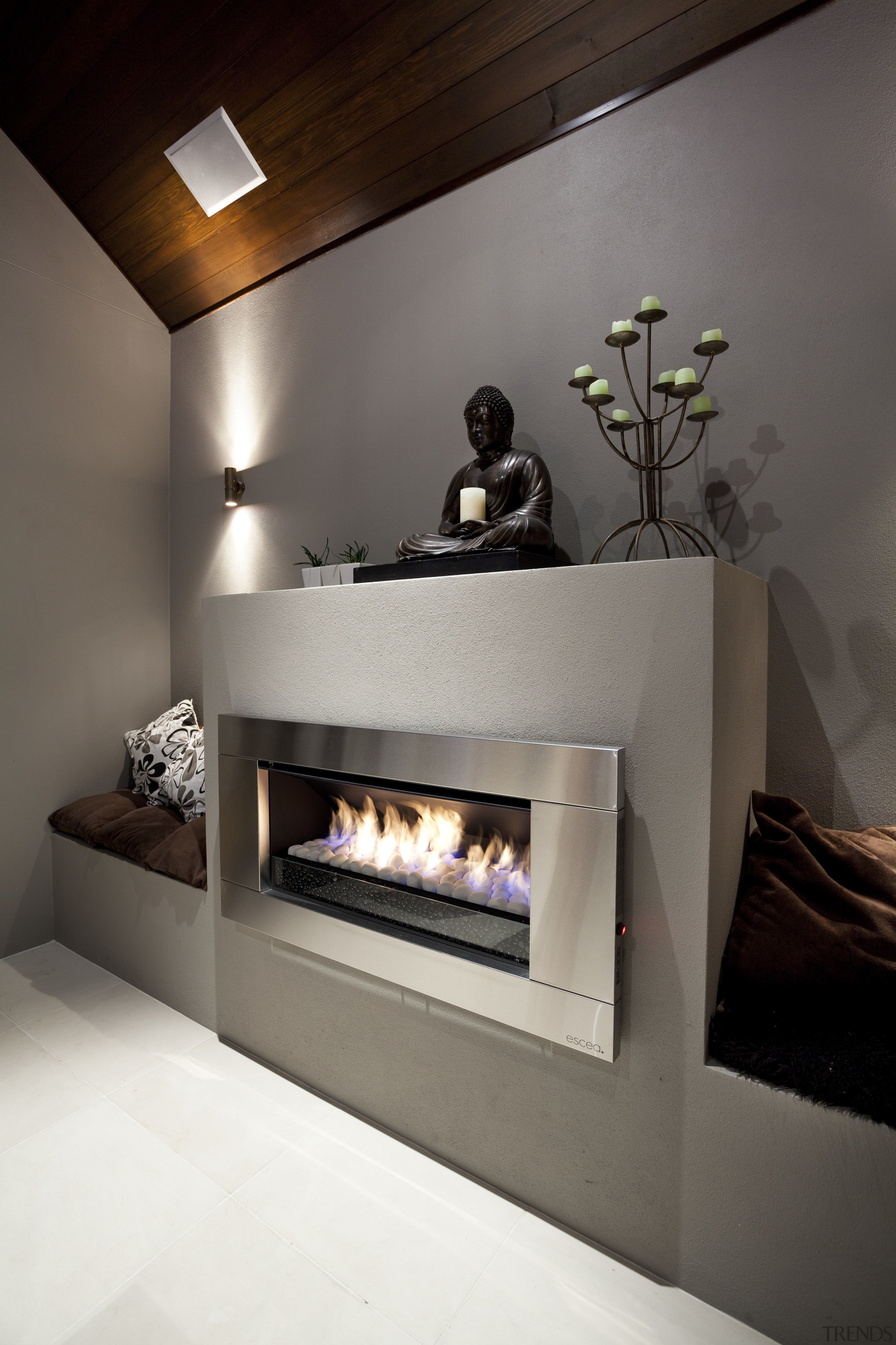 Outdoor night shot of contemporary house and pool fireplace, furniture, hearth, home appliance, interior design, gray, black