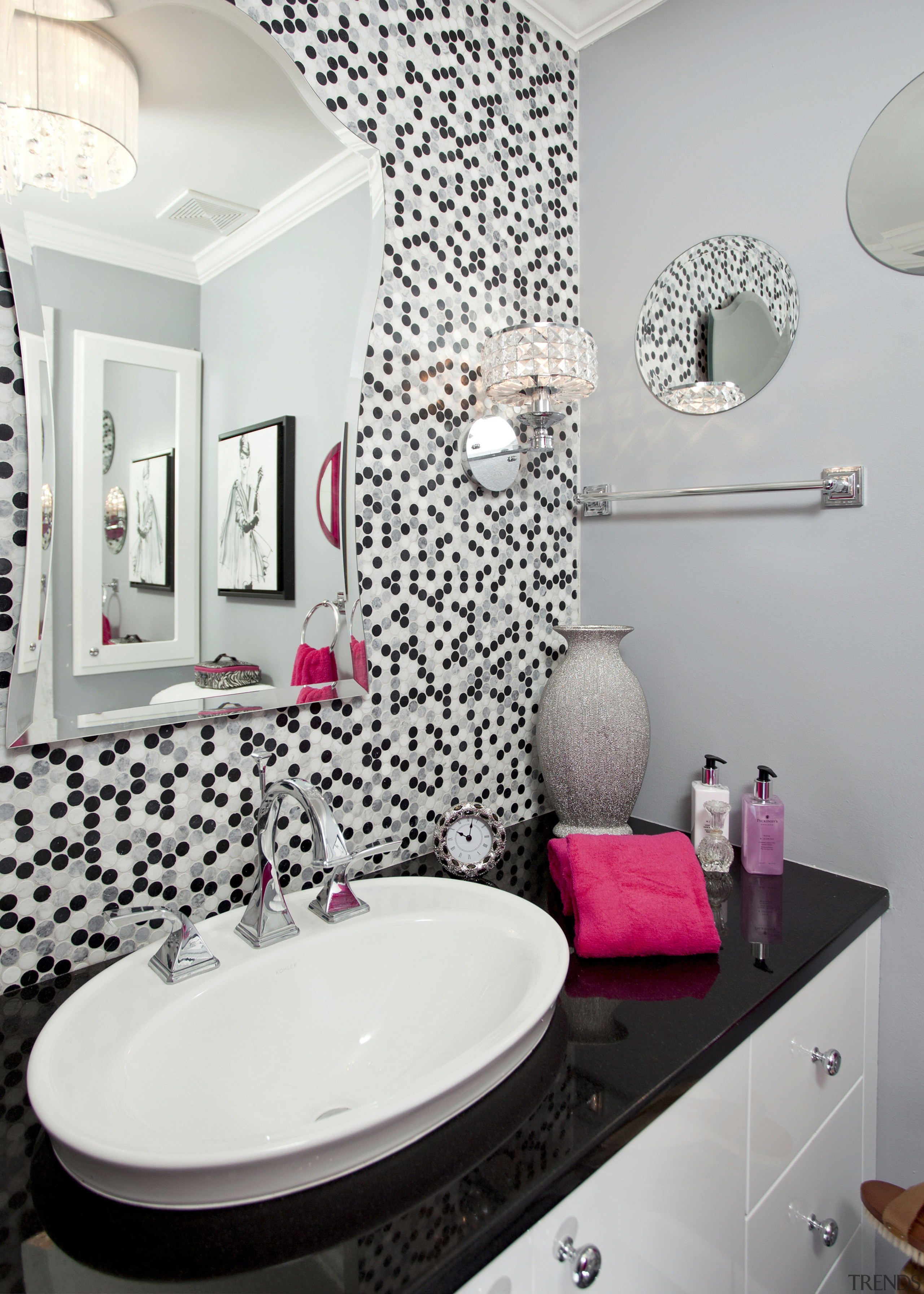 View of contemporary bahtroom with mosaic splashback and bathroom, ceramic, floor, home, interior design, plumbing fixture, purple, room, sink, tap, tile, wall, gray, white