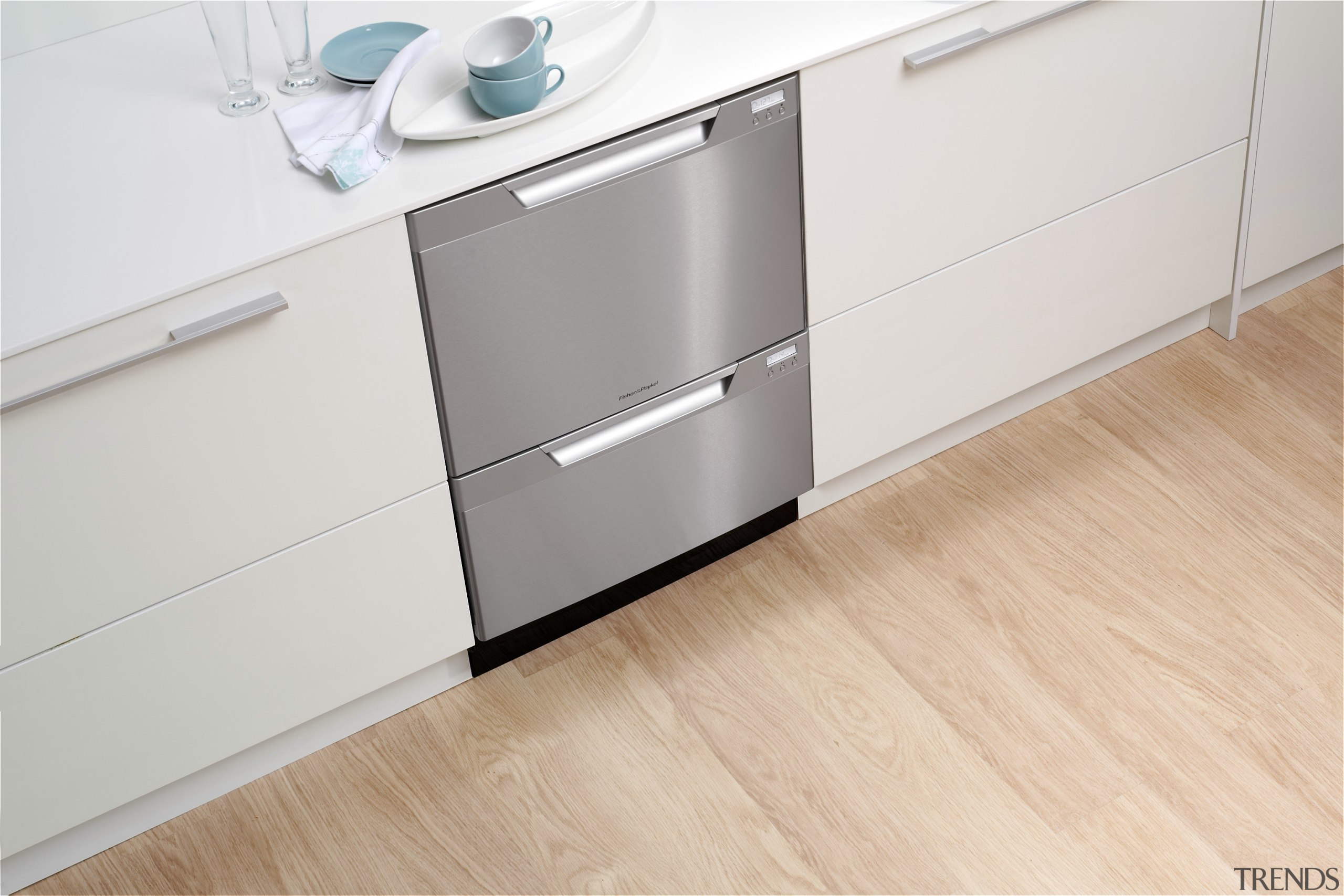 View of a kitchen with Fisher &amp; Paykel's chest of drawers, drawer, floor, flooring, furniture, hardwood, laminate flooring, product, product design, sideboard, tile, wood, wood flooring, wood stain, white