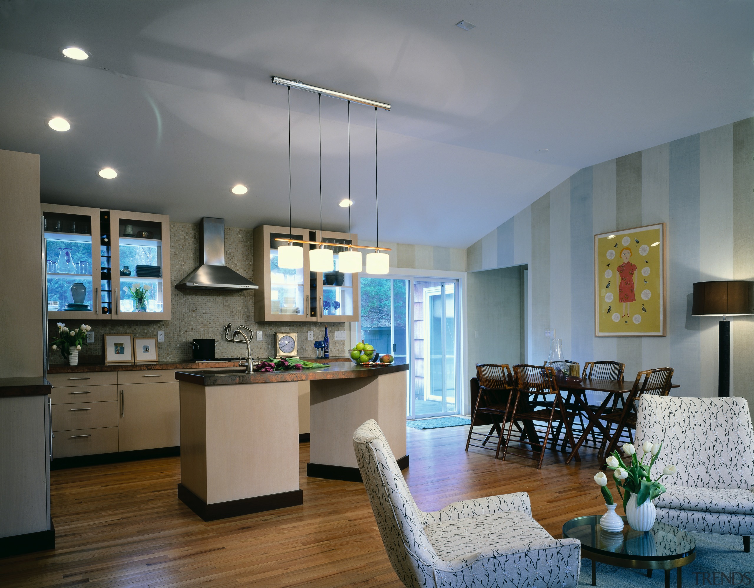 Open-plan kitchen with copper countertops, fawn coloured storage apartment, ceiling, interior design, kitchen, living room, real estate, room, gray