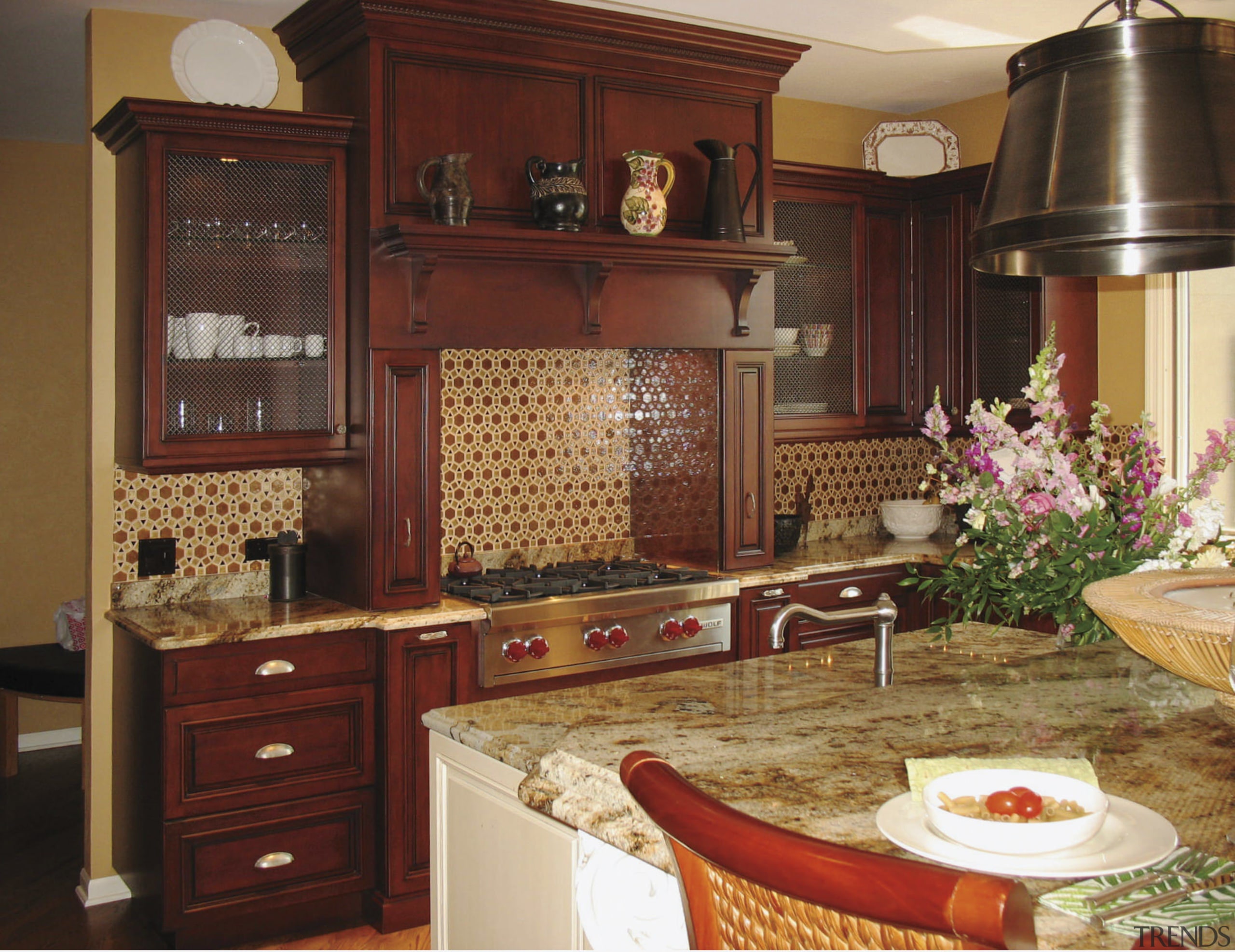 A more traditional look was specified for this cabinetry, countertop, cuisine classique, furniture, interior design, kitchen, room, red, brown