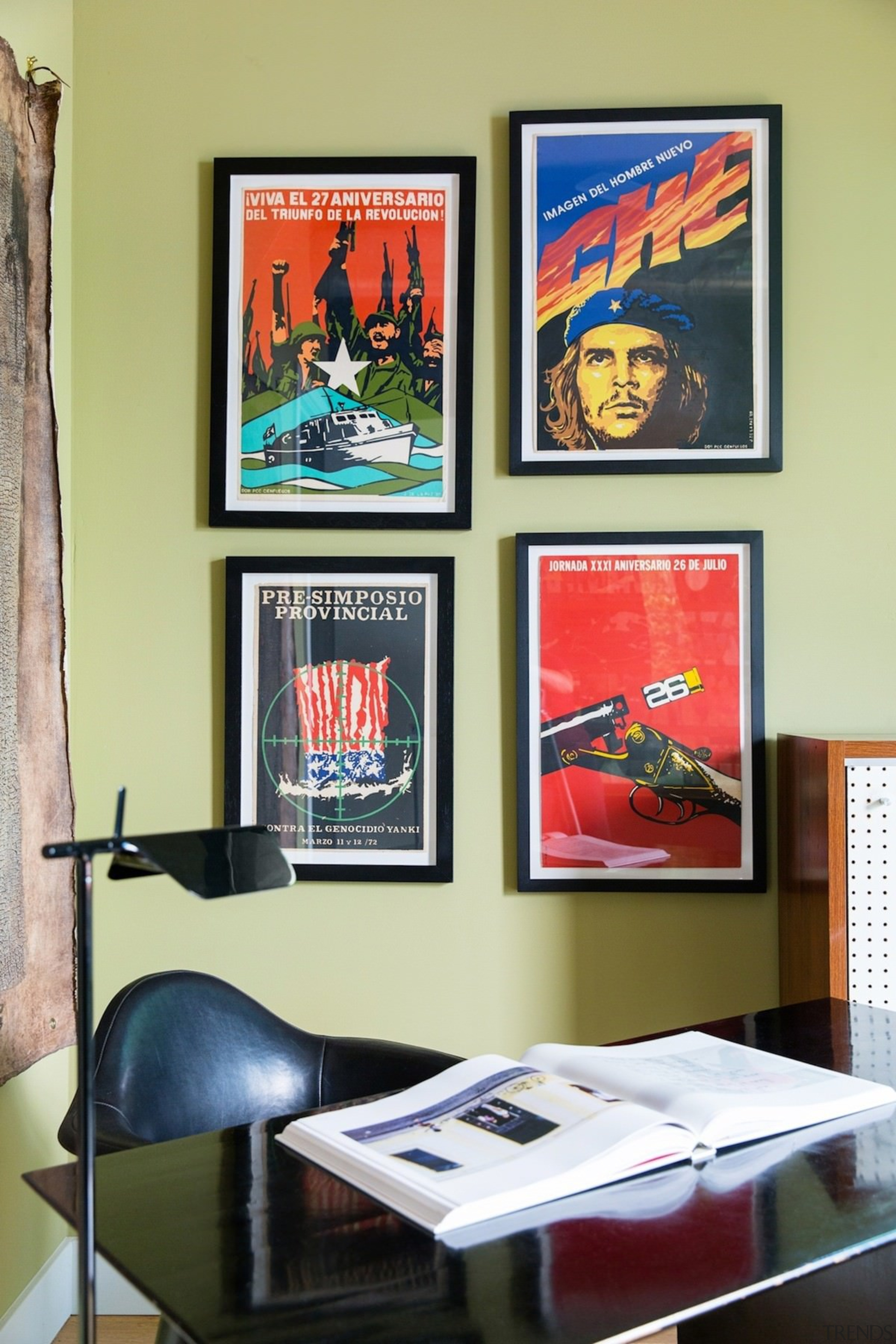 Framed posters bring colour into this space - furniture, interior design, table, yellow