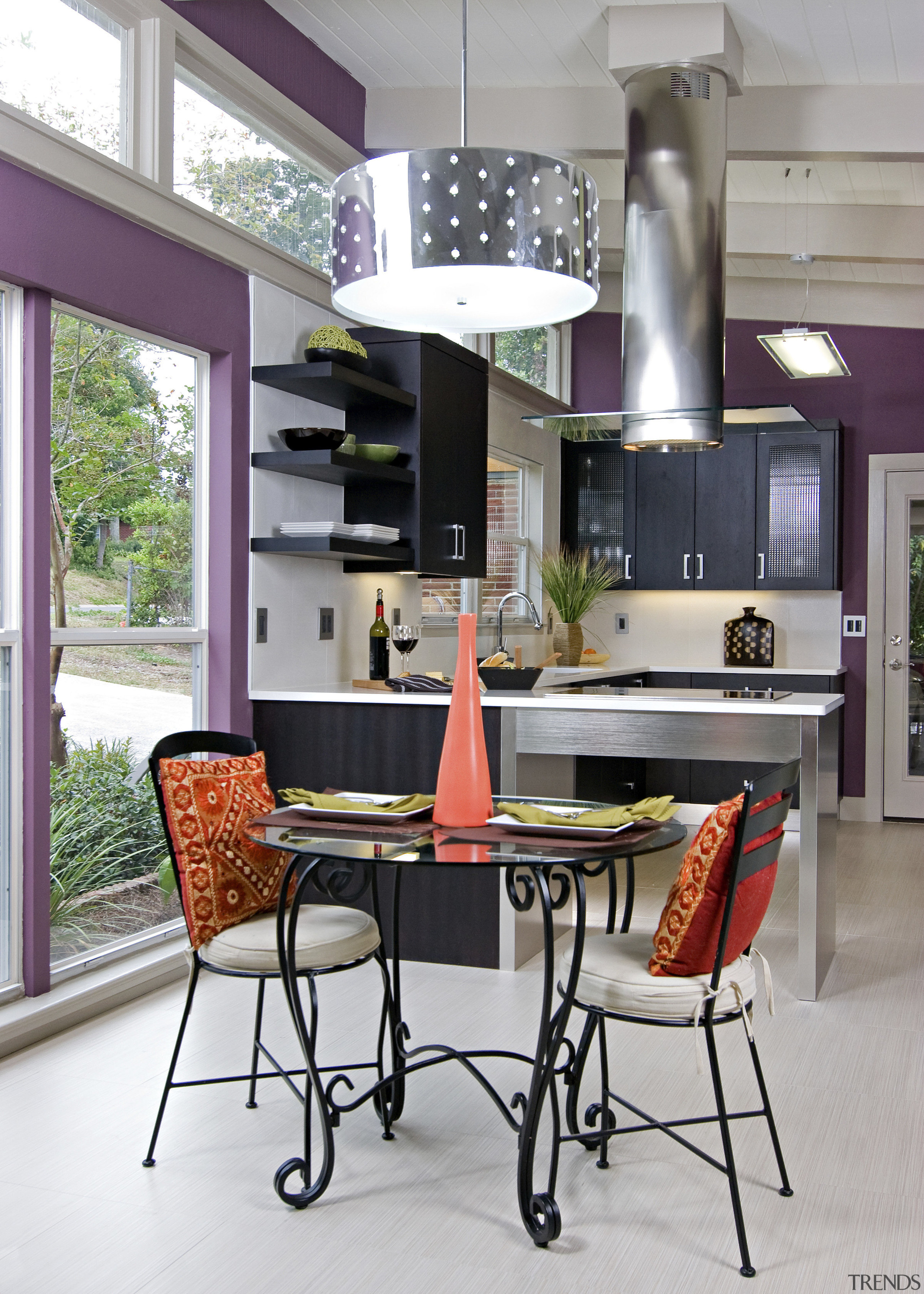 View of a remodeled kitchen which features lavender chair, countertop, dining room, furniture, interior design, kitchen, table, gray