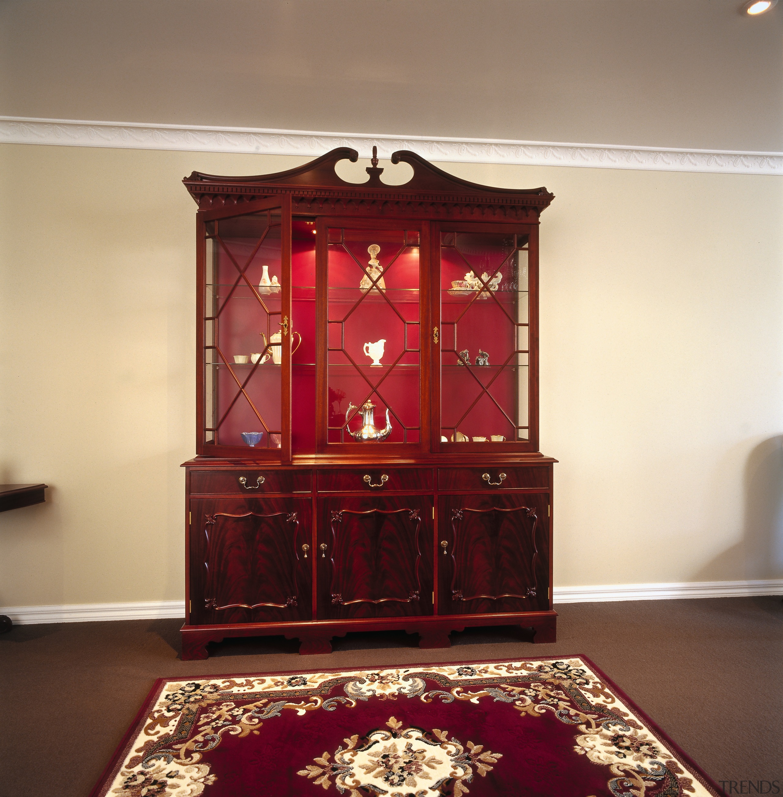 Timber and glass Georgian display cabinet. - Timber cabinetry, chest of drawers, furniture, interior design, room, table, orange, red