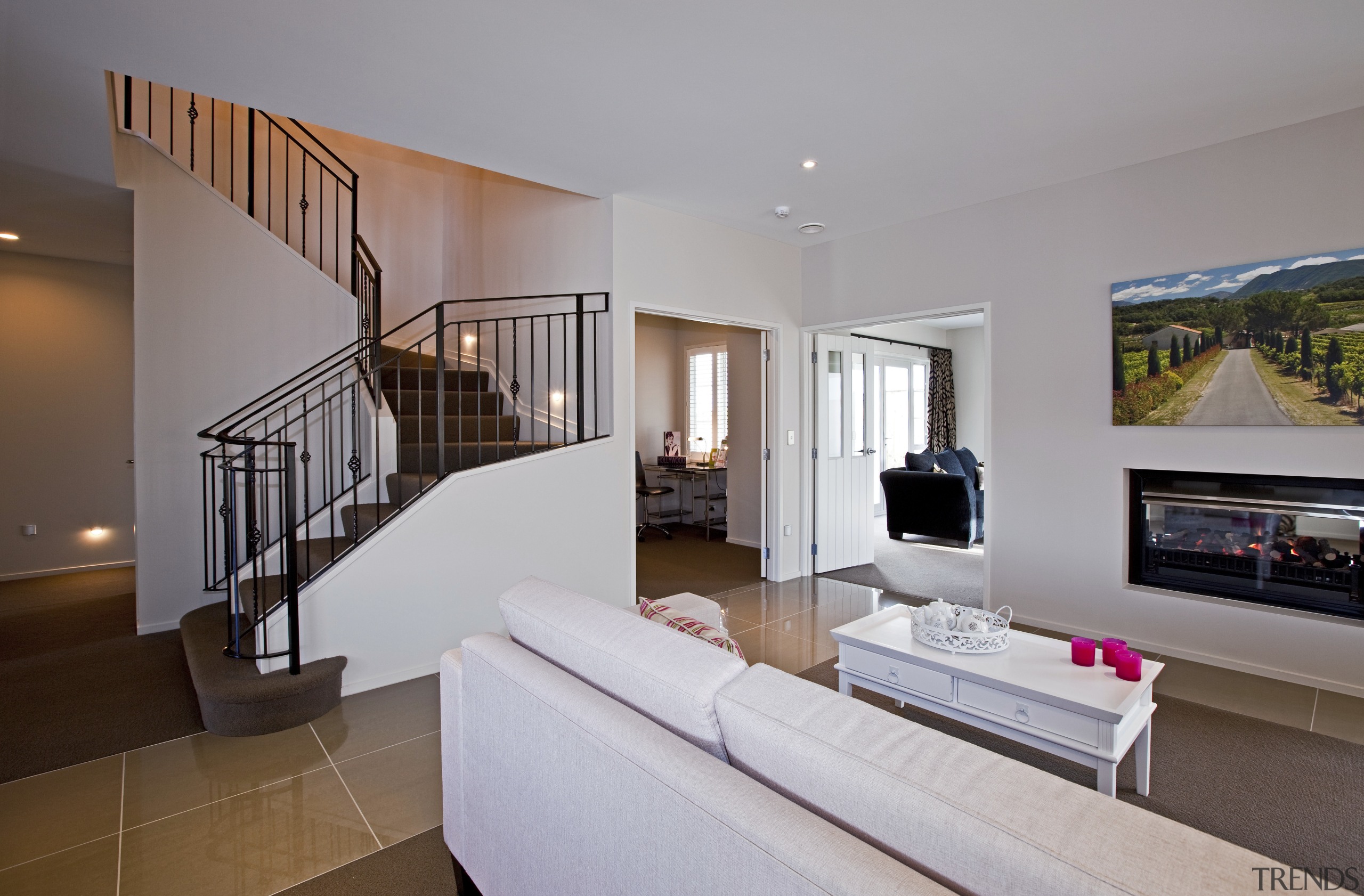 View of main living area and stairway of apartment, estate, home, house, interior design, living room, penthouse apartment, property, real estate, room, gray