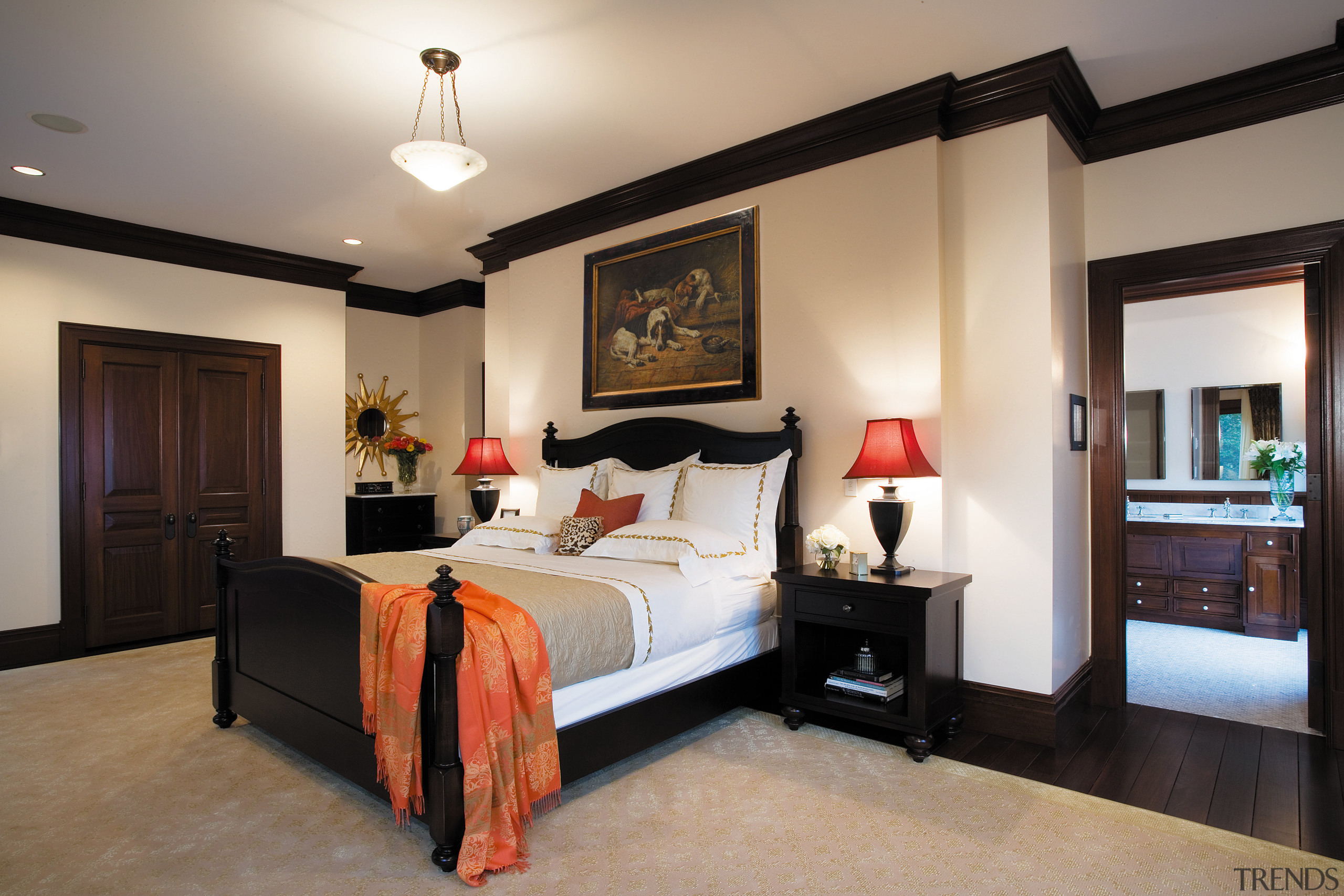 View of the maser bedroom featuring carpet, walk bedroom, ceiling, interior design, real estate, room, suite, gray, black