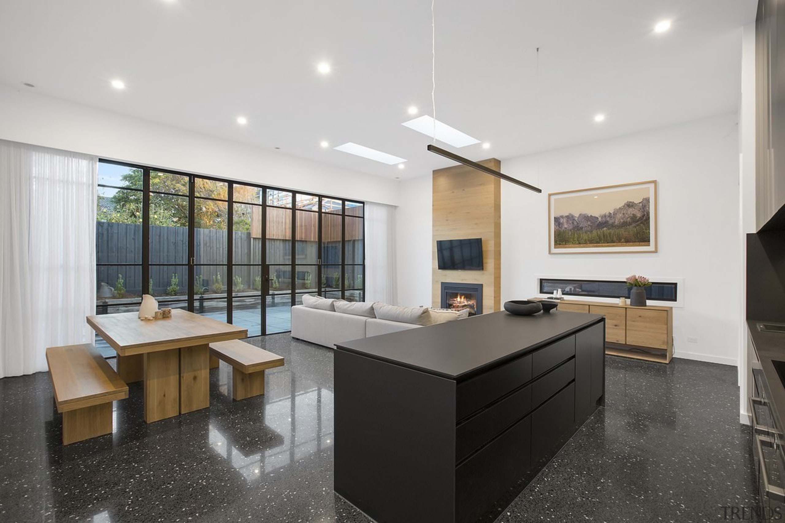 A view through the living area and out architecture, ceiling, interior design, office, property, real estate, gray