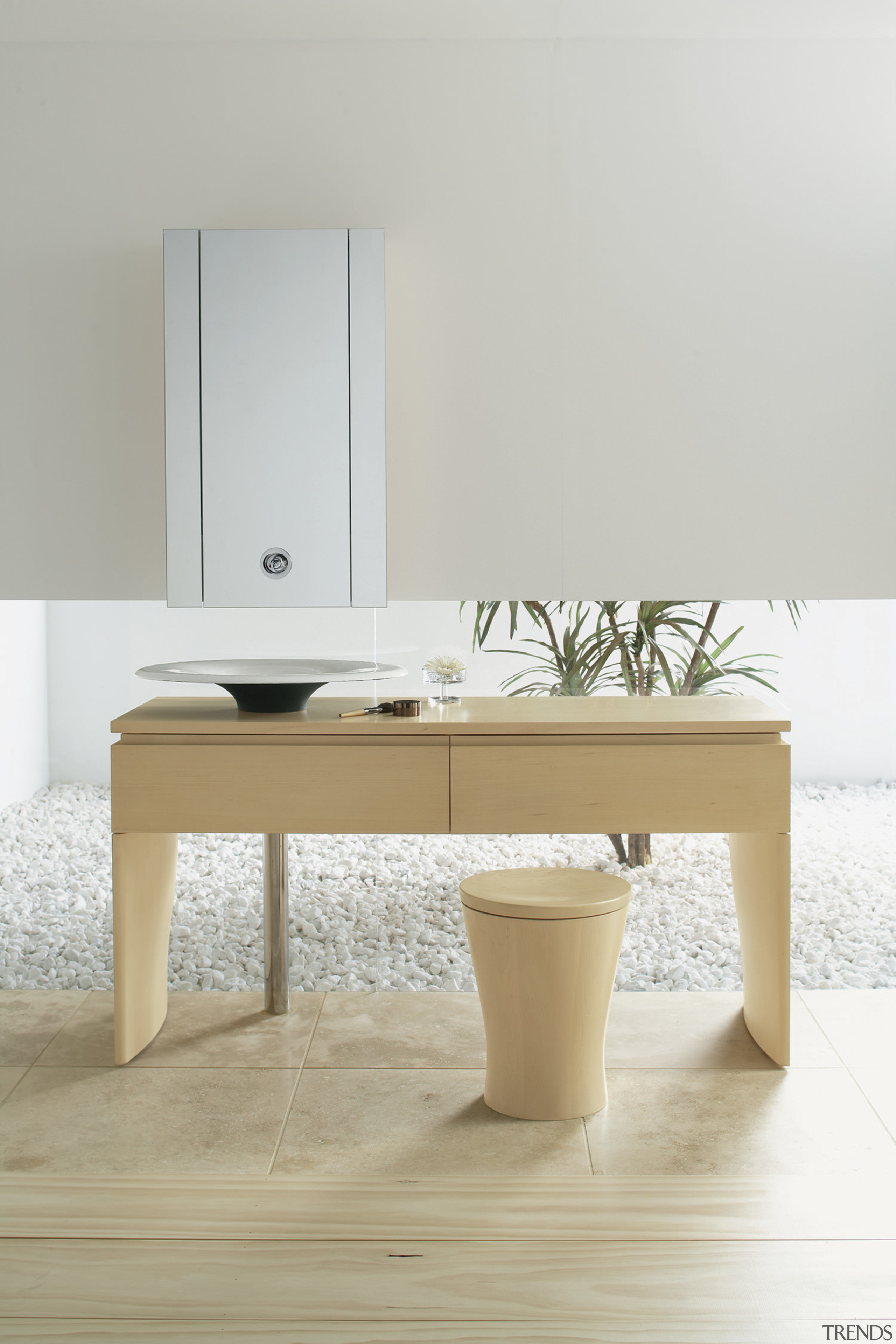 View of Kohler Fountainhead handbasin including maple vanity. coffee table, desk, floor, furniture, interior design, product design, table, tap, wood, gray