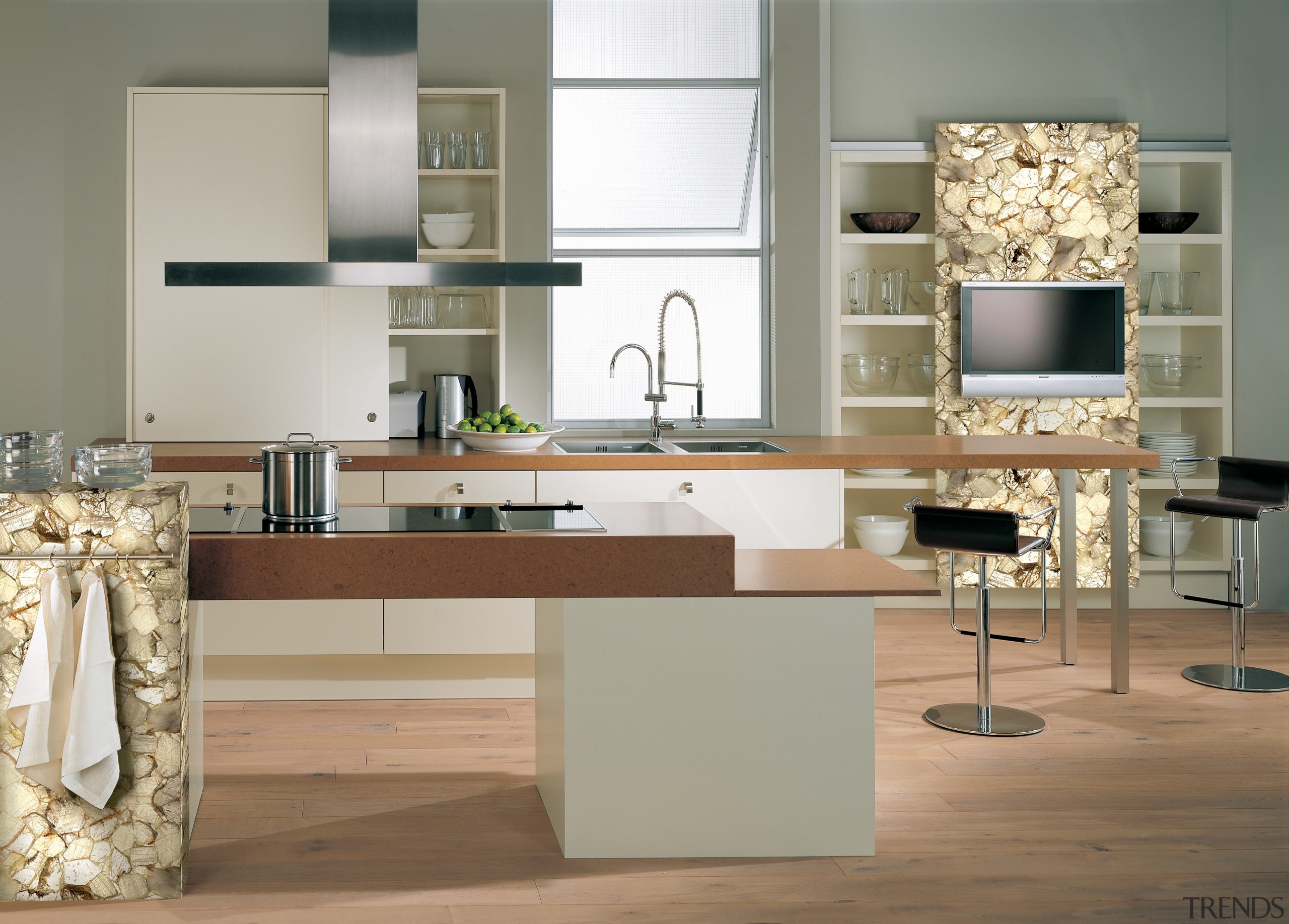 View of a contemporary kitchen which features countertops countertop, cuisine classique, floor, flooring, furniture, interior design, kitchen, living room, product design, room, table, gray