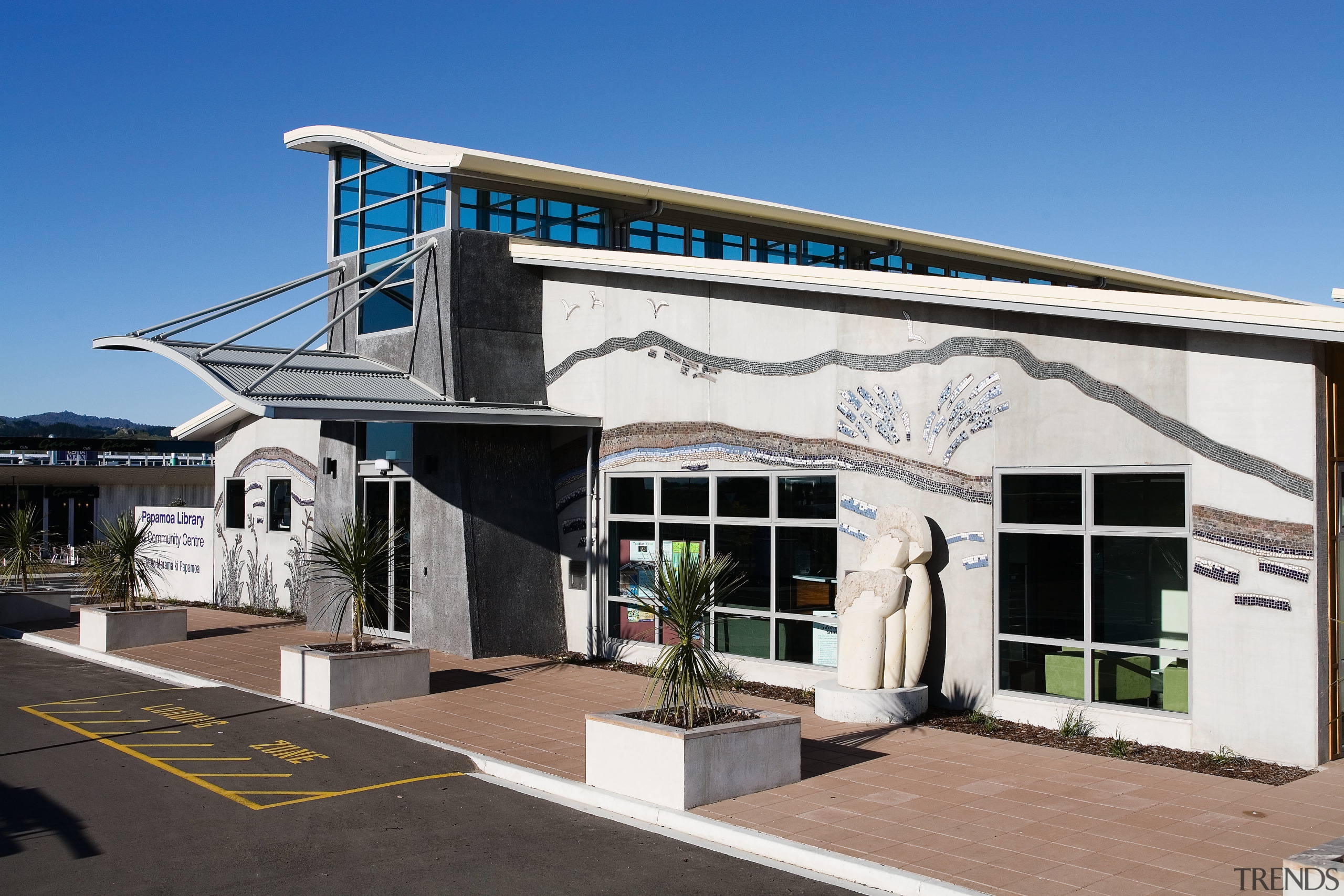 A view of the Papamoa Library. - A architecture, building, commercial building, elevation, house, property, real estate, black