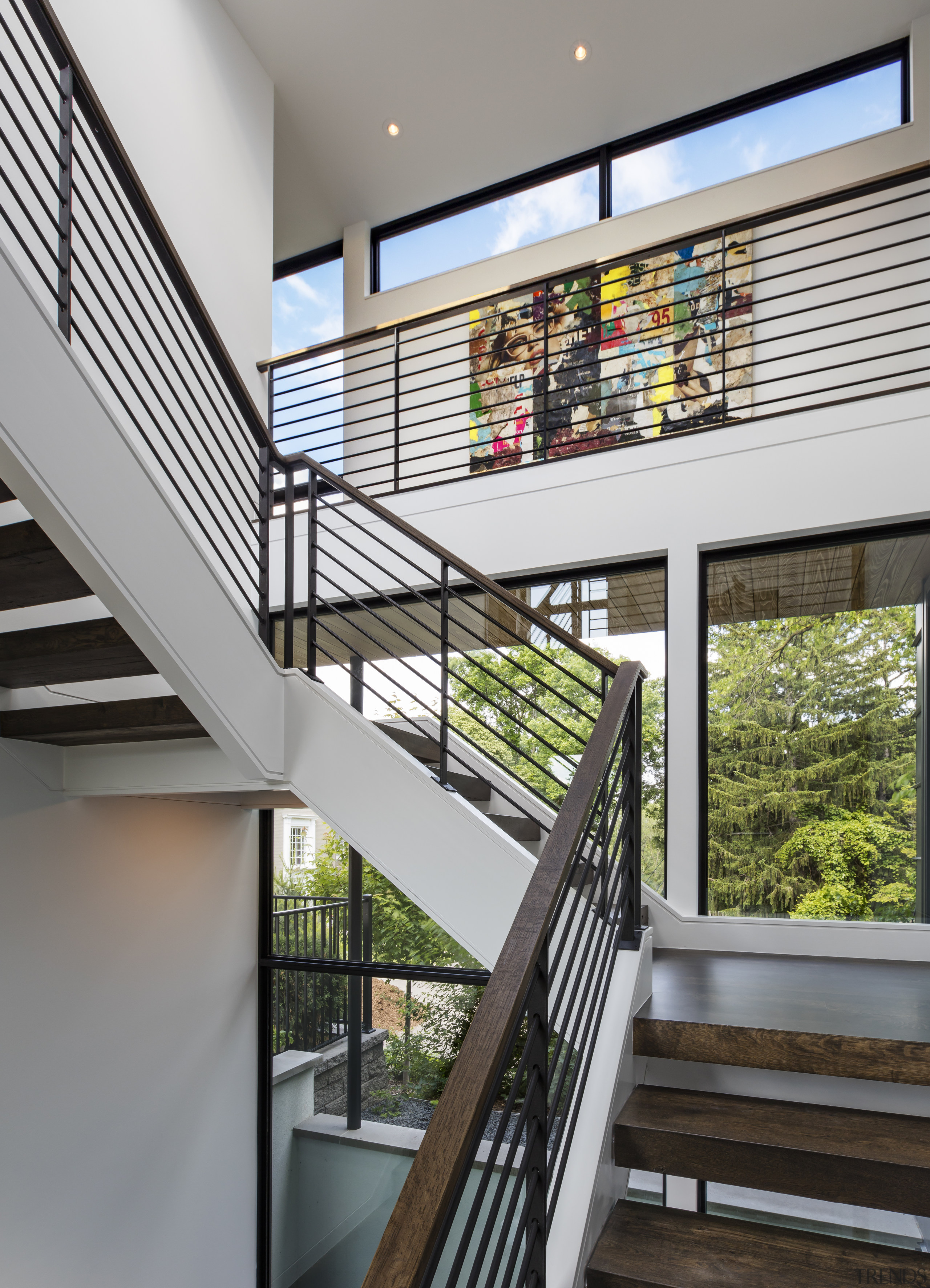 ​​​​​​​Stairs at the far end of this home architecture, balcony, glass, handrail, home, house, interior design, stairs, Peterssen Keller Architects, white oak