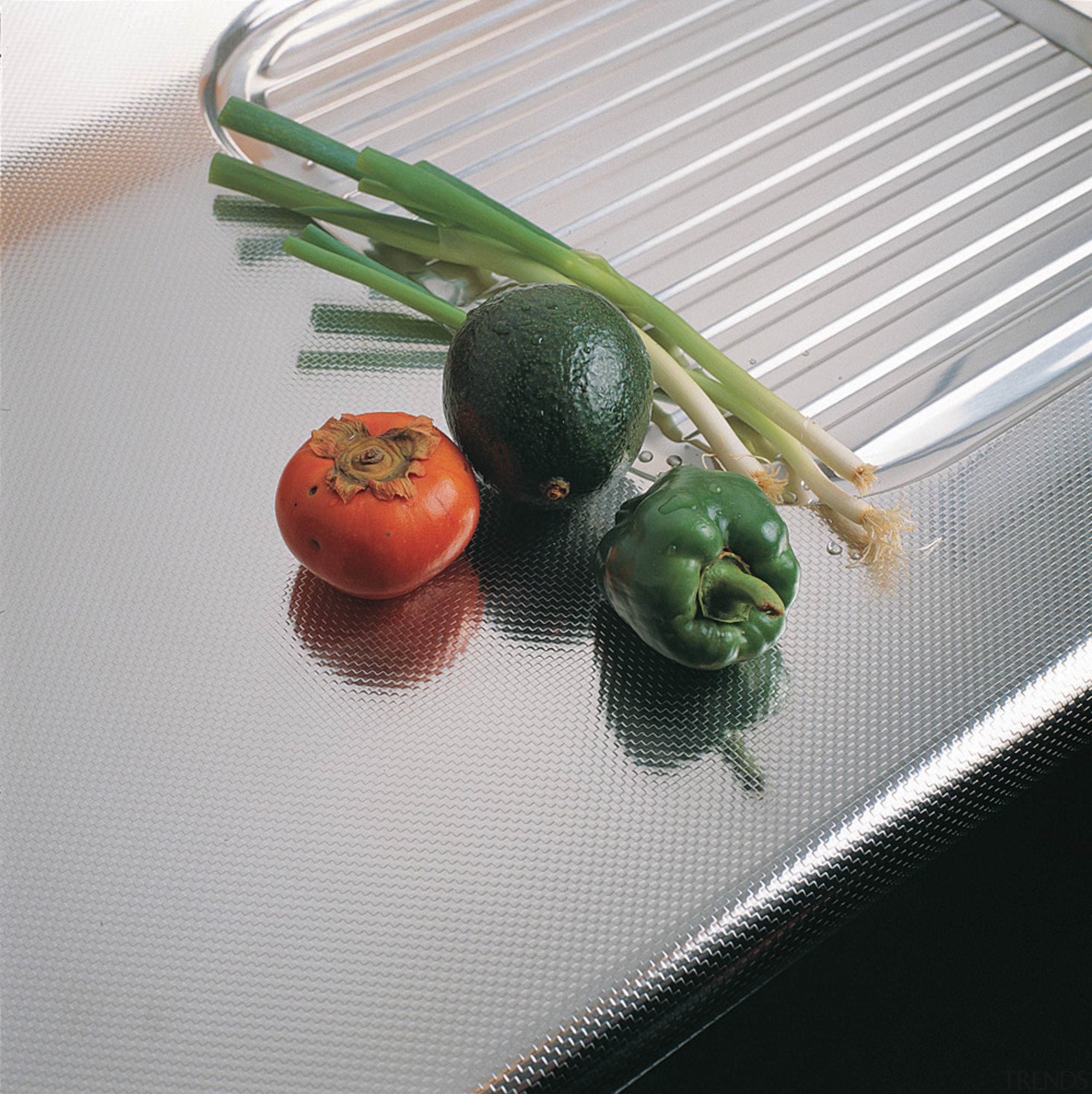 An example of the different textured stainless steel produce, vegetable, vegetarian food, gray