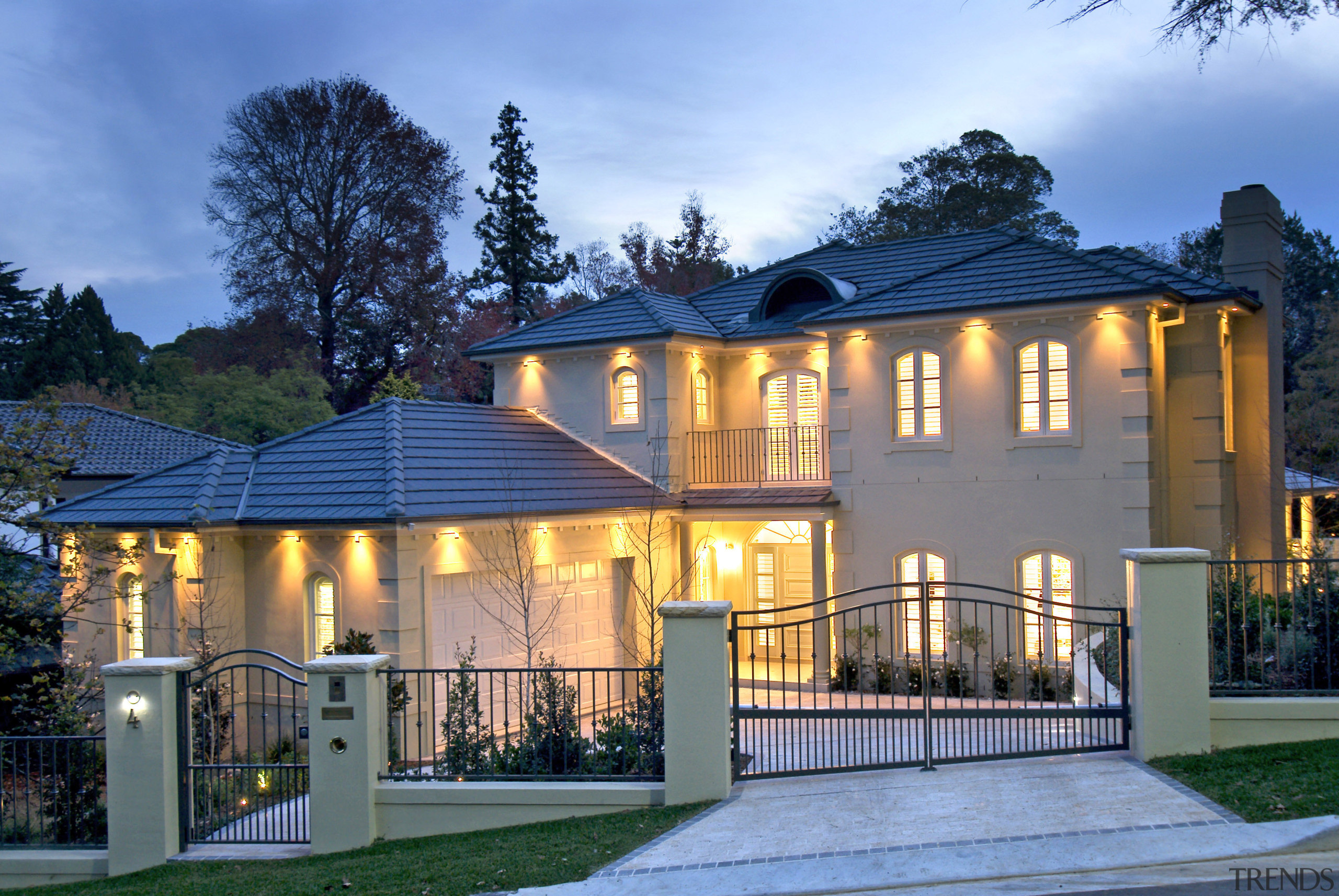 Rendered and painted exterior of contemporary home building, cottage, elevation, estate, evening, facade, home, house, landscape lighting, lighting, mansion, property, real estate, residential area, siding, villa, window, teal