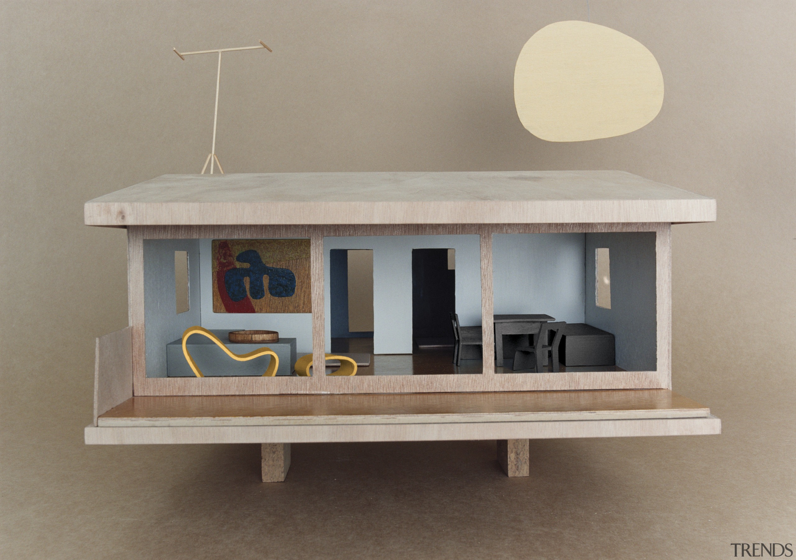 View of an architectural model which features paints furniture, product design, shelf, shelving, table, gray