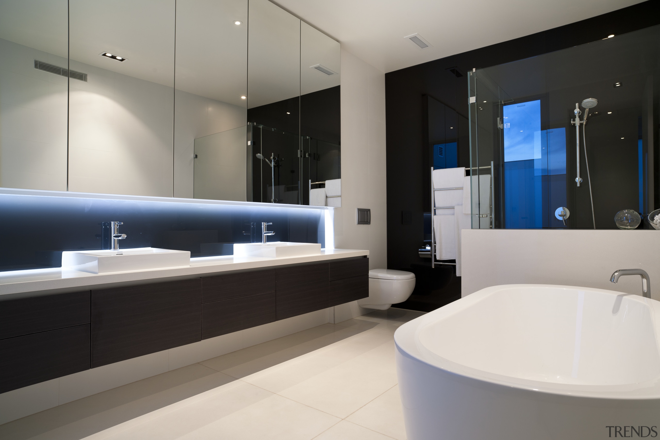 Here is an apartment block designed by Nicholas bathroom, interior design, product design, room, sink, gray, black