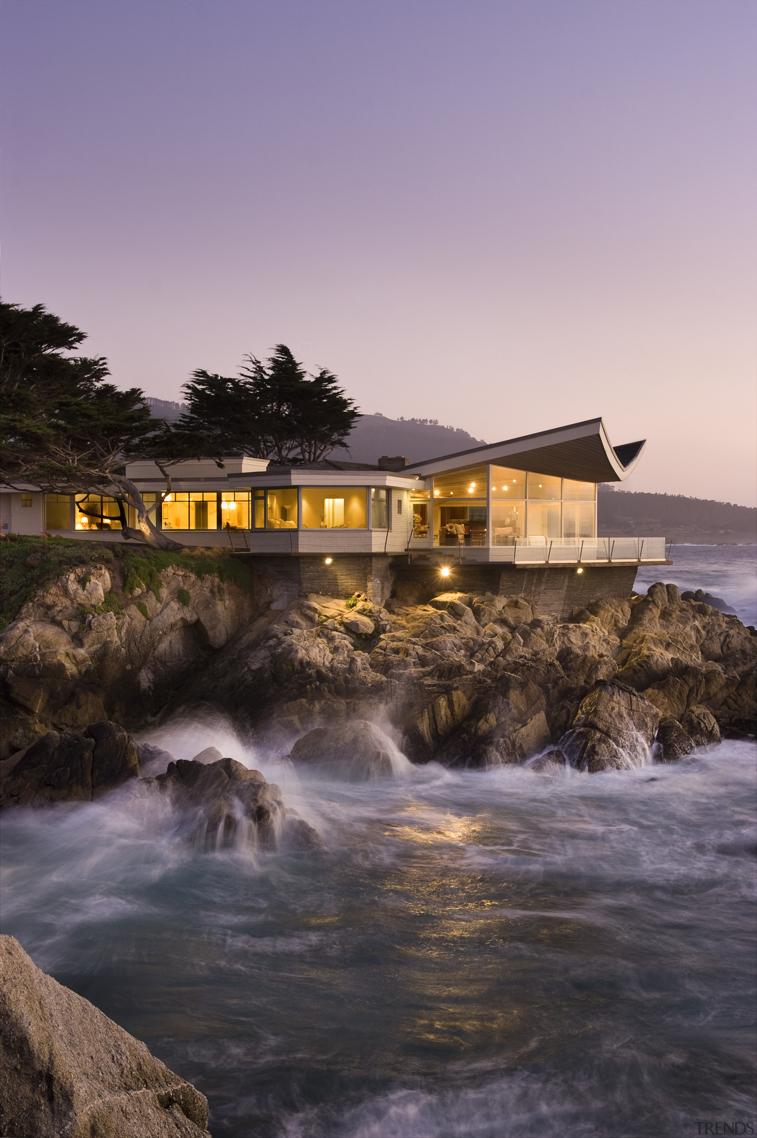 View of the oceanfront Butterfly House in Carmel body of water, coast, dawn, dusk, evening, landscape, morning, ocean, sea, shore, sky, sunset, water, water feature, wave, black