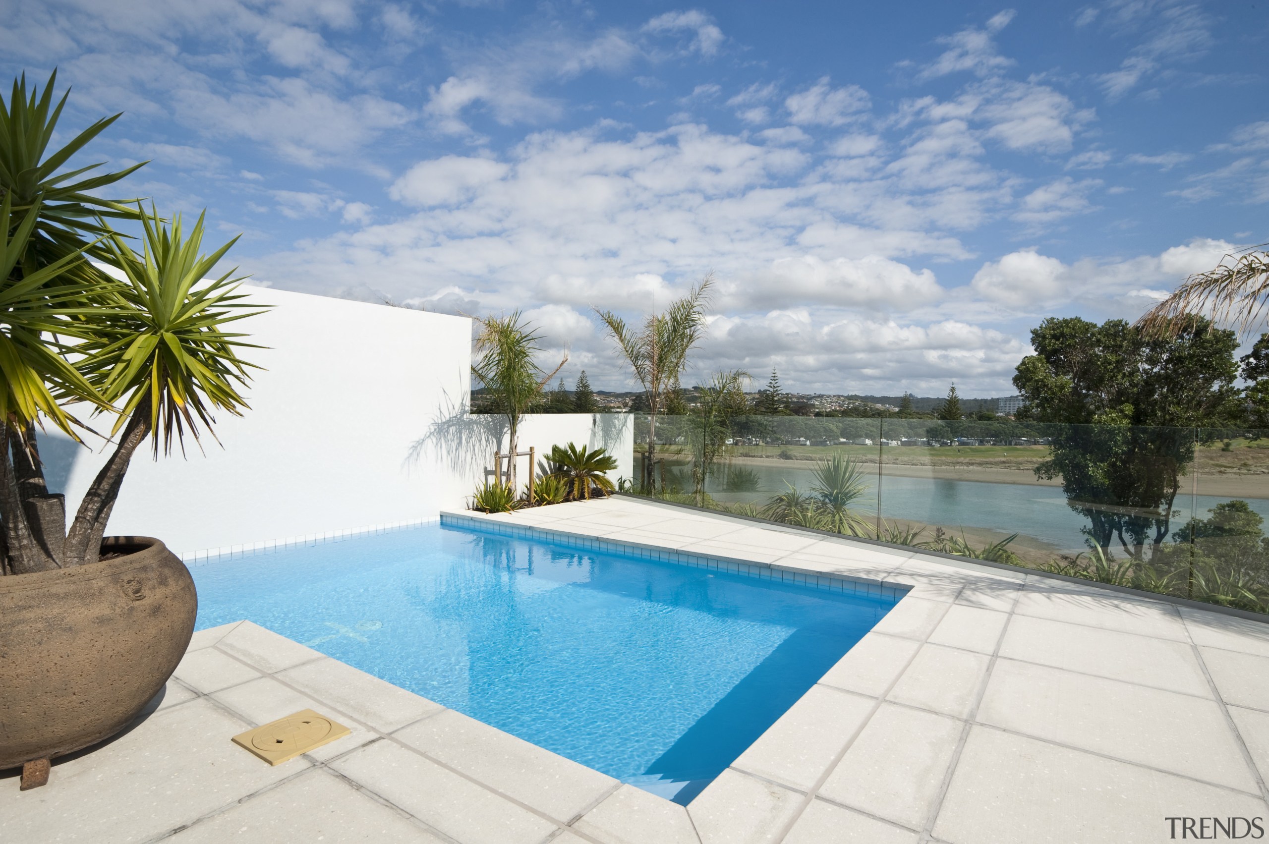 View of pool custom designed and installed by arecales, estate, home, house, leisure, palm tree, property, real estate, resort, sky, swimming pool, vacation, villa, water, white, teal