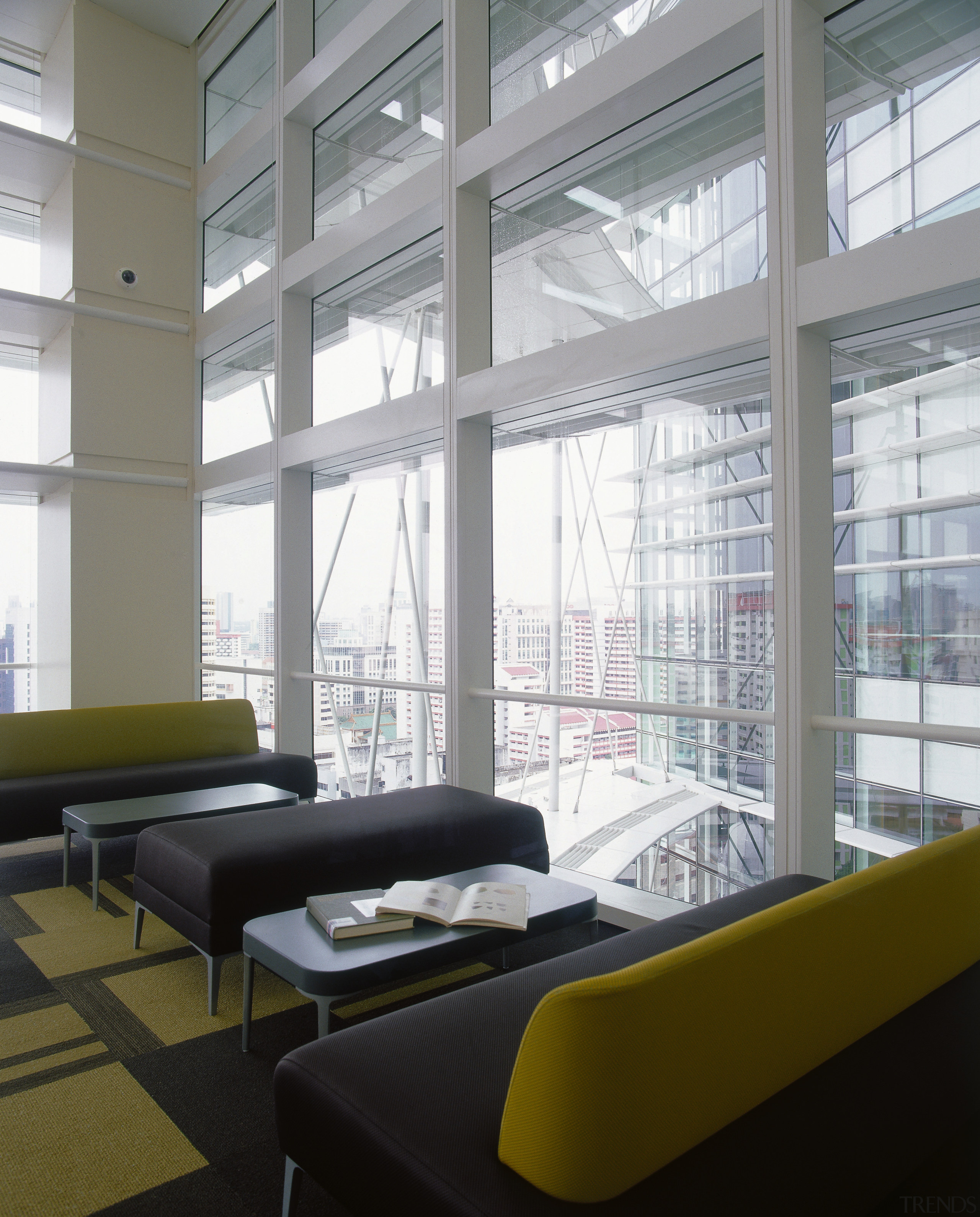 View of the Singapore Libraries double glazed windowsm, architecture, ceiling, daylighting, interior design, office, window, window covering, gray