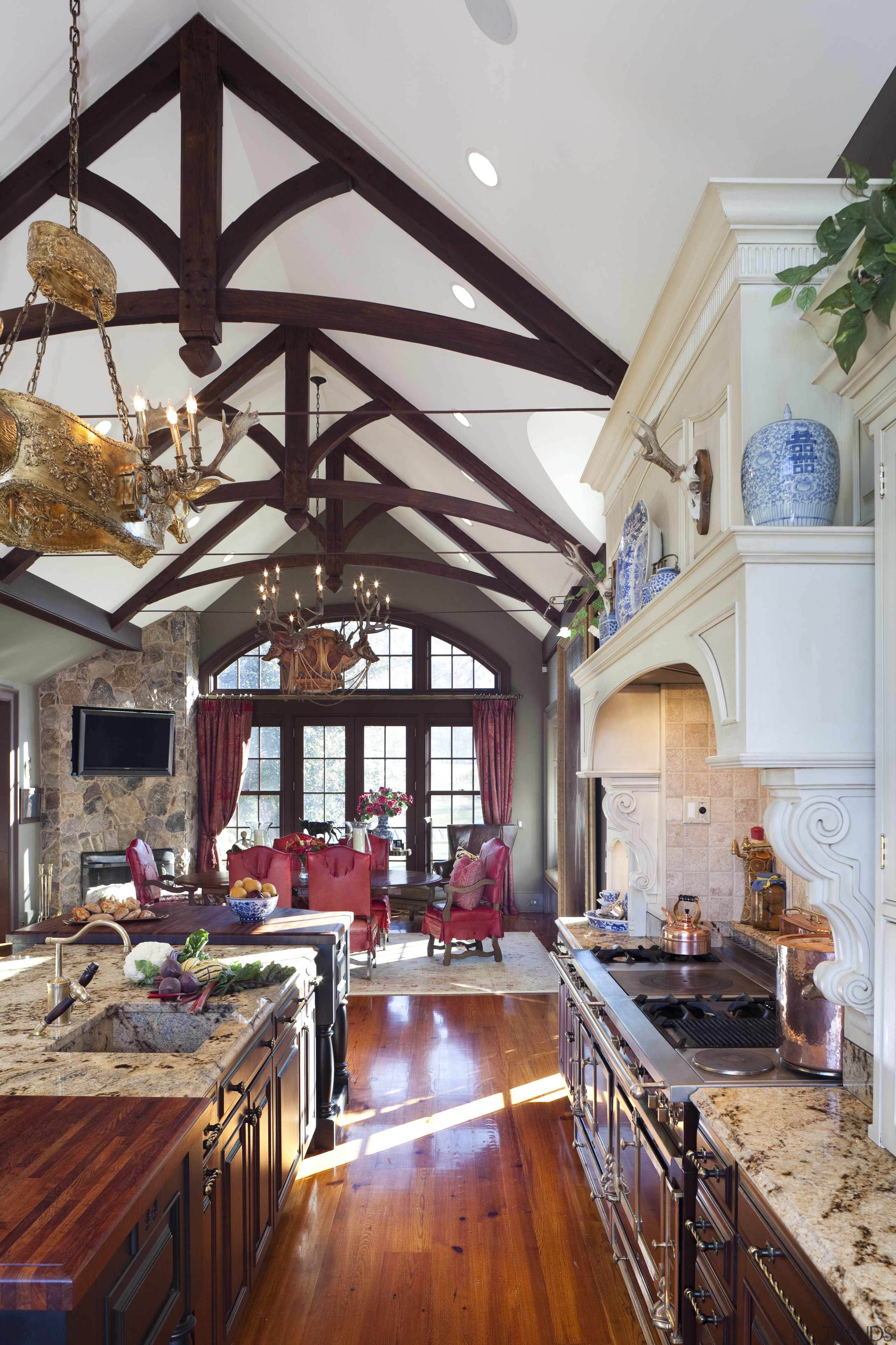 View of kitchen with wooden flooring, high ceilings beam, ceiling, countertop, estate, home, interior design, kitchen, living room, real estate, room, window, wood, gray