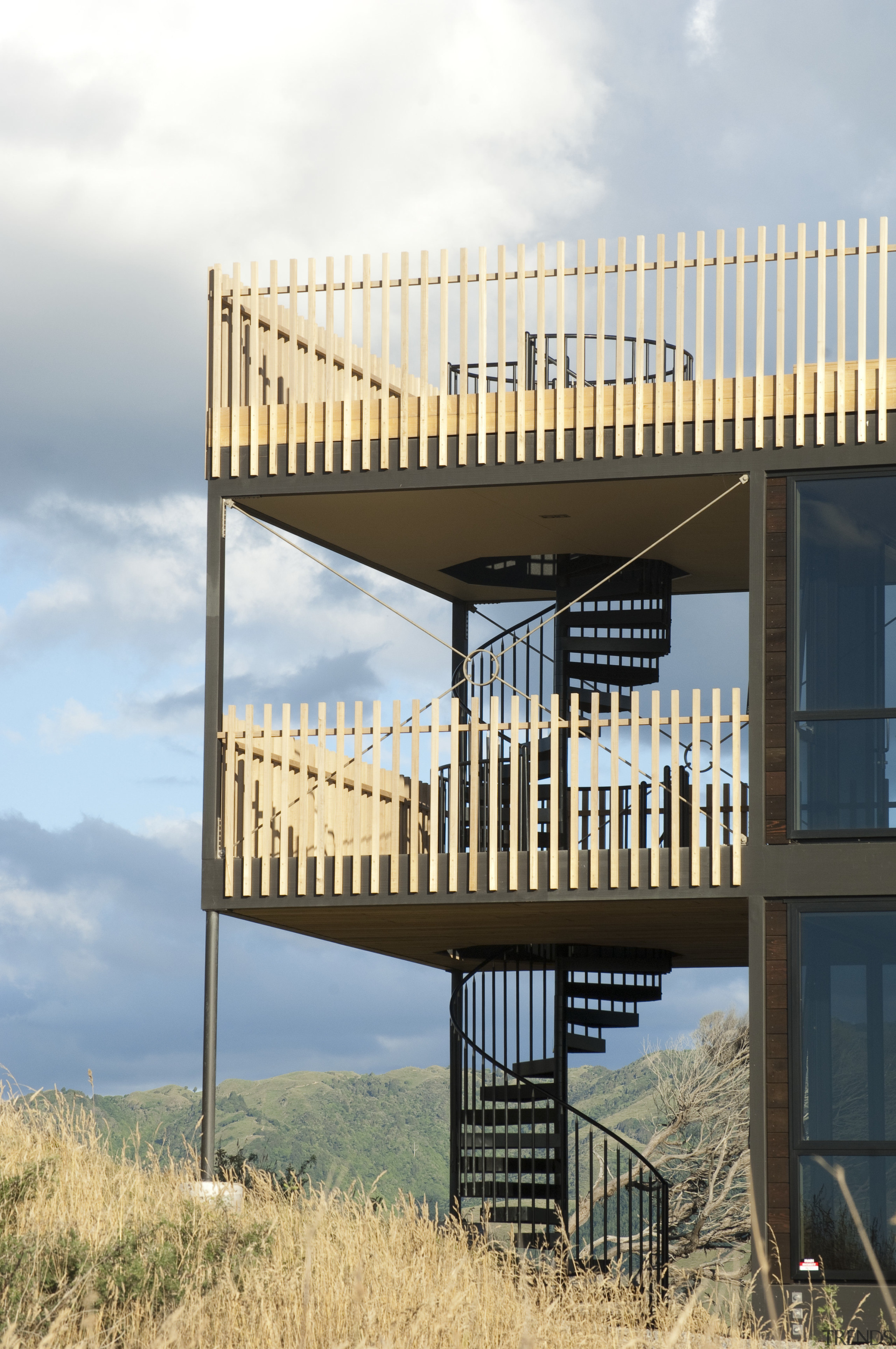 View of outdoor stairs of contemporary home. - sky, gray