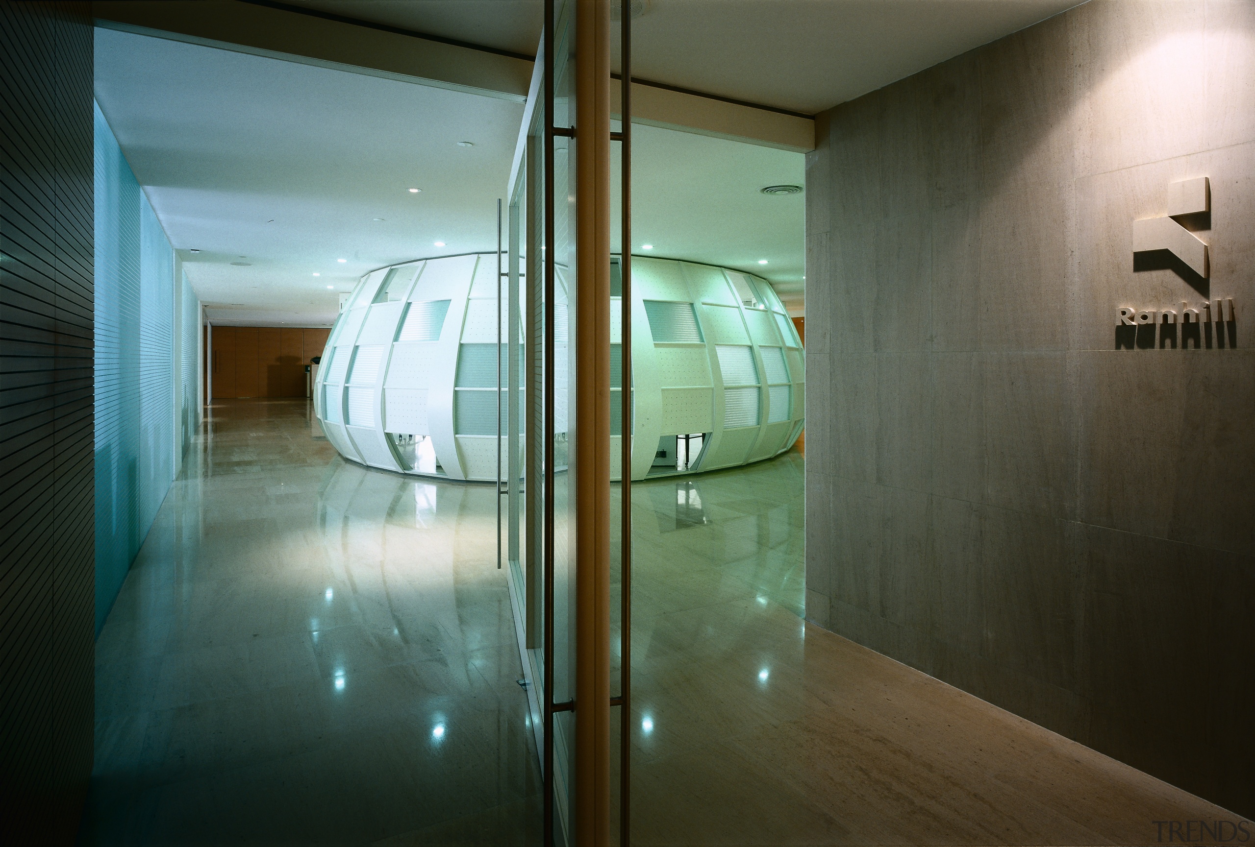 View of the offices, marble and limestone floor, architecture, ceiling, daylighting, glass, house, interior design, window, brown