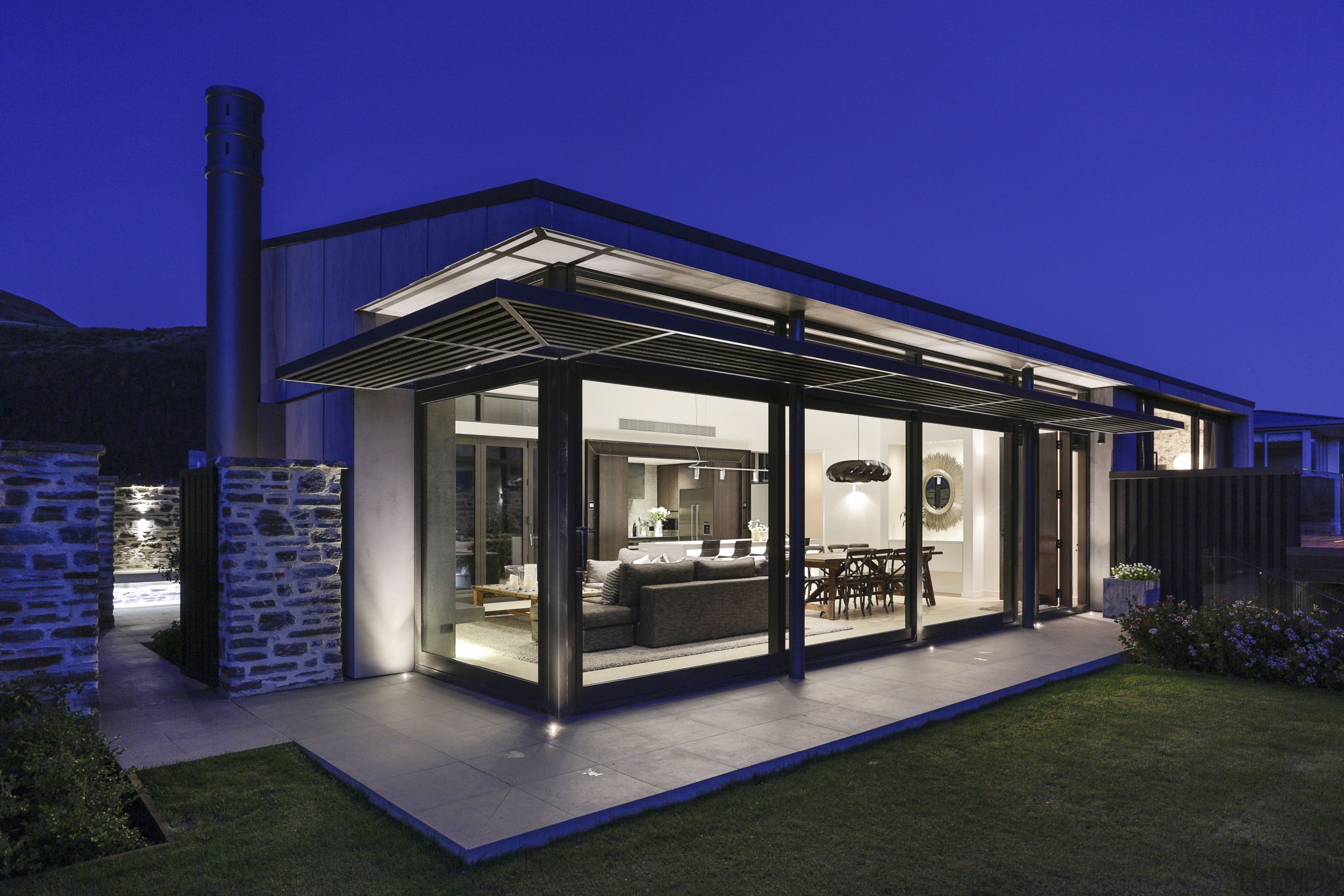 The white and wood tones of the living architecture, home, house, interior design, roof, blue, black, living zone, Koia Architects