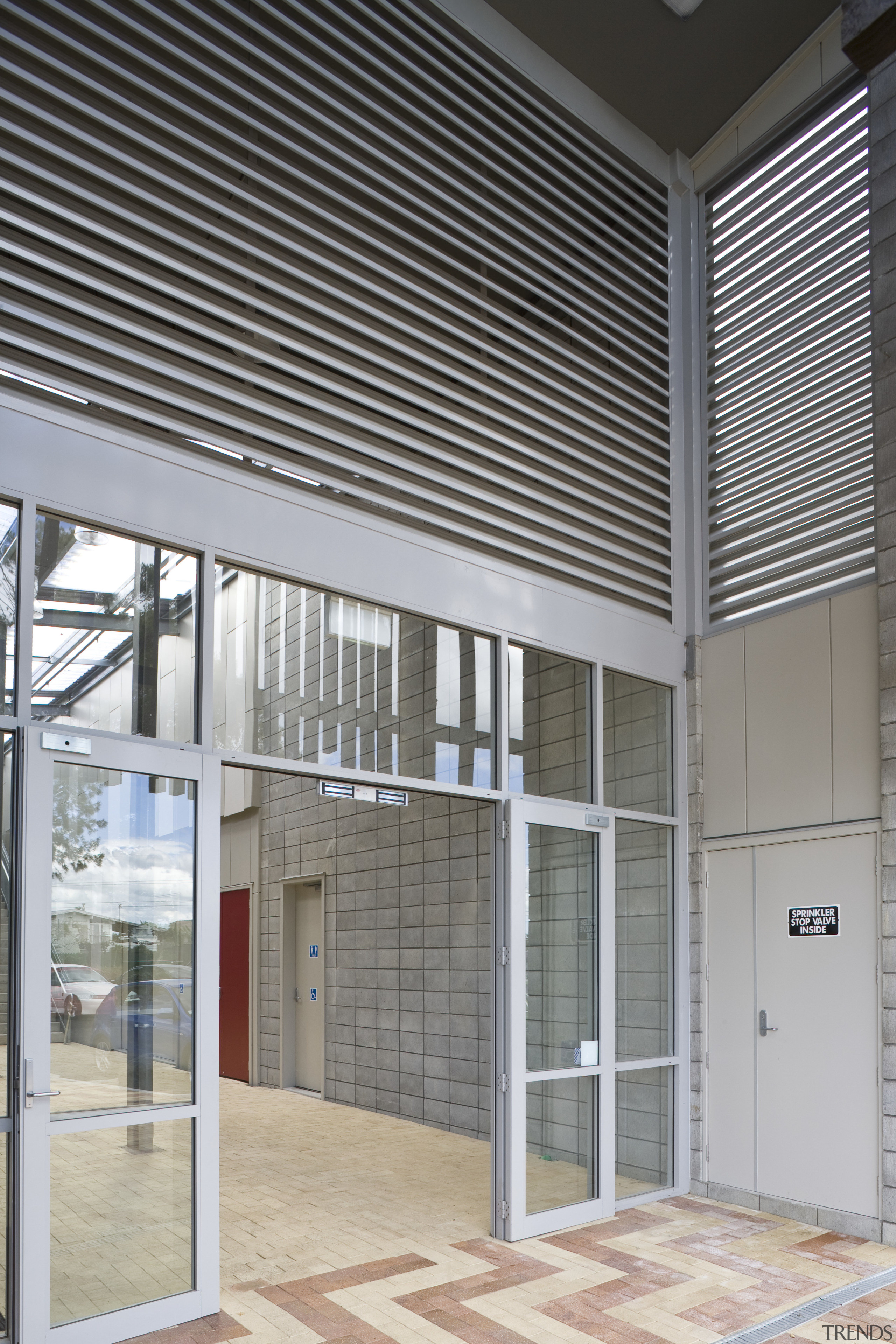 Exterior view of school which features aluminium sunscreen architecture, ceiling, daylighting, door, facade, floor, glass, house, interior design, structure, wall, window, window covering, gray