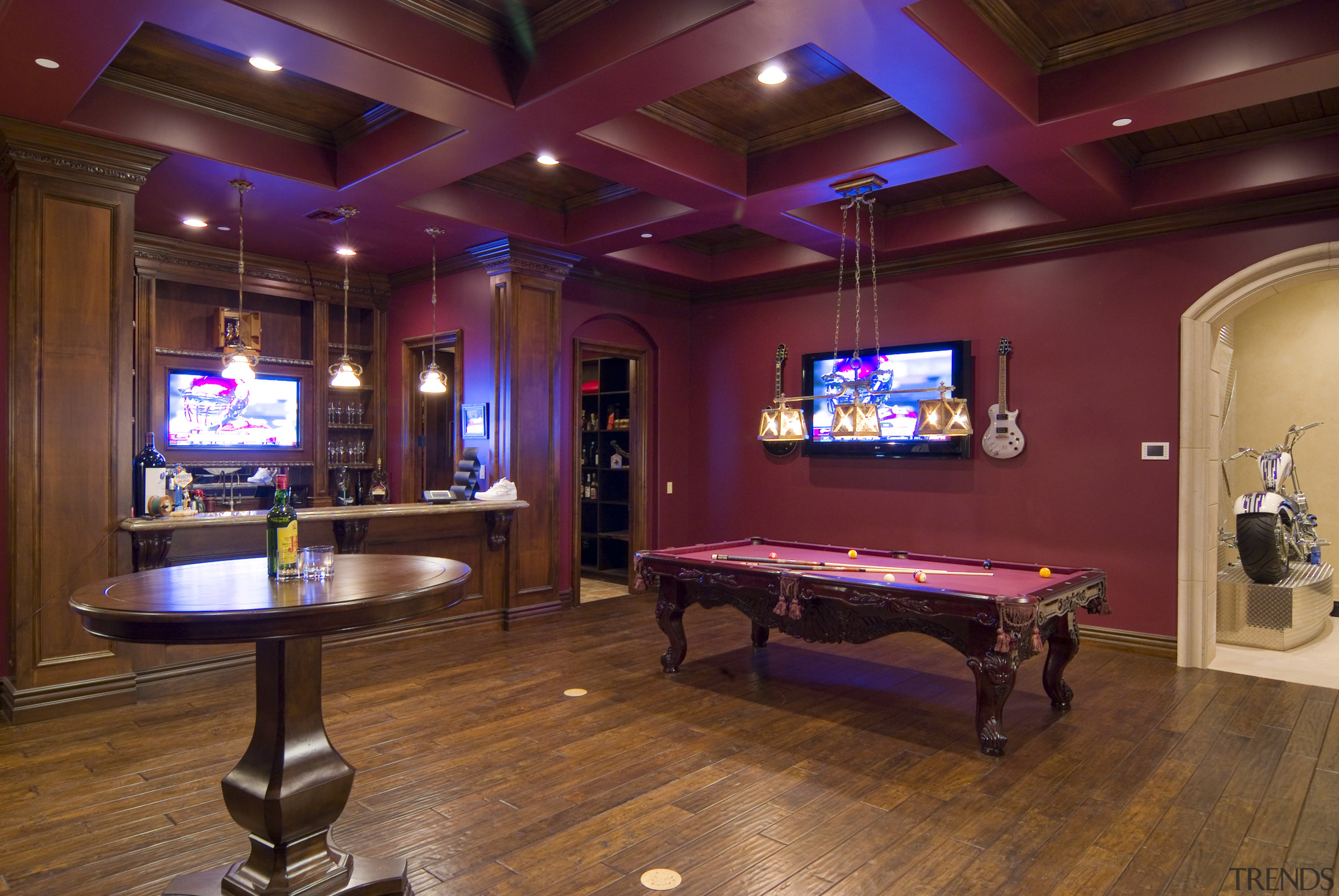 View of room with woodwork by Trim Tech. billiard room, entertainment, home, interior design, recreation room, room, table, red, brown