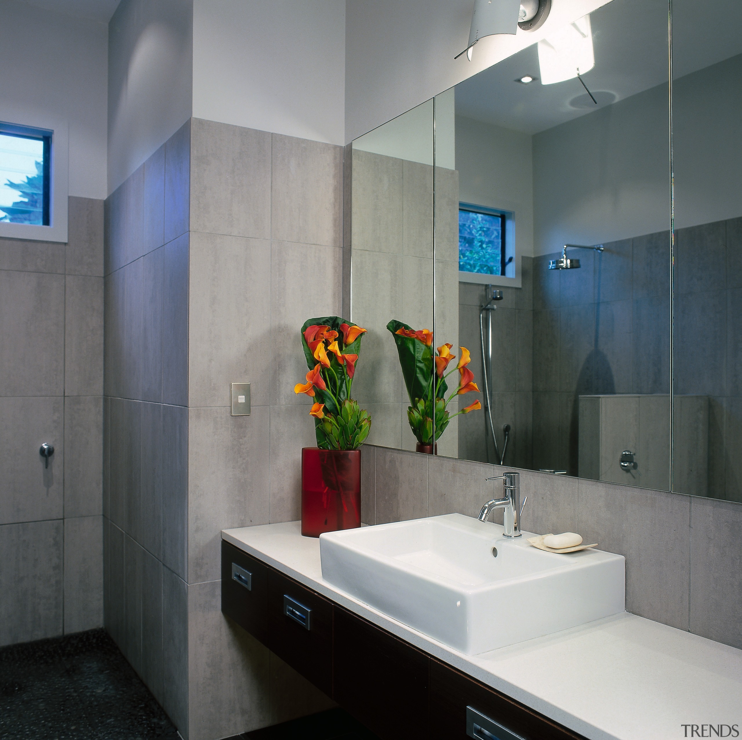 The view of the family bathroom of a architecture, bathroom, interior design, room, sink, gray