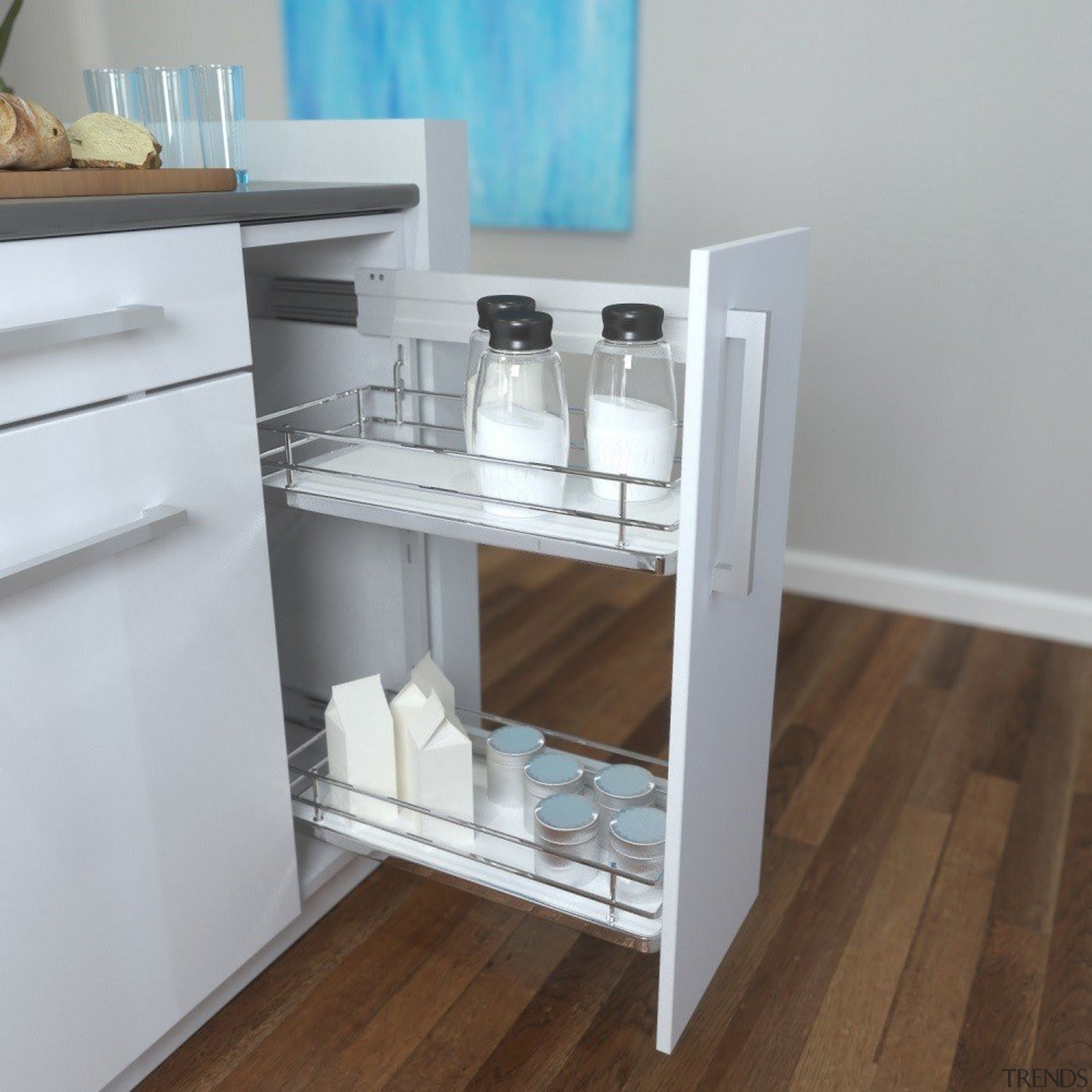 Giamo's Side Mounted Pull Out unit comes in drawer, furniture, shelf, shelving, table, gray