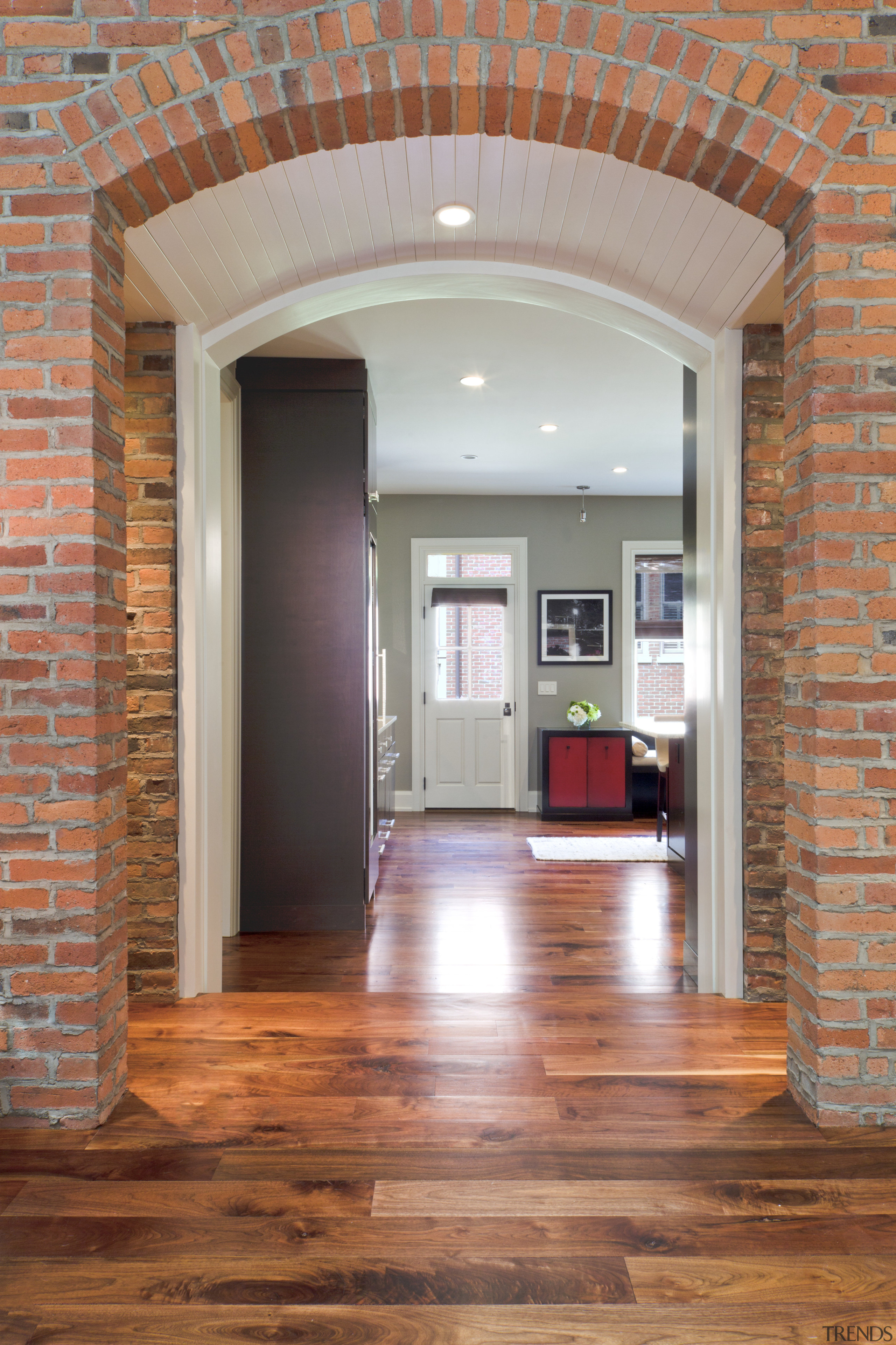 This is a home designed by John Behal arch, architecture, brick, ceiling, daylighting, door, estate, floor, flooring, hardwood, home, house, interior design, laminate flooring, real estate, structure, wall, window, wood, wood flooring, wood stain, gray, brown