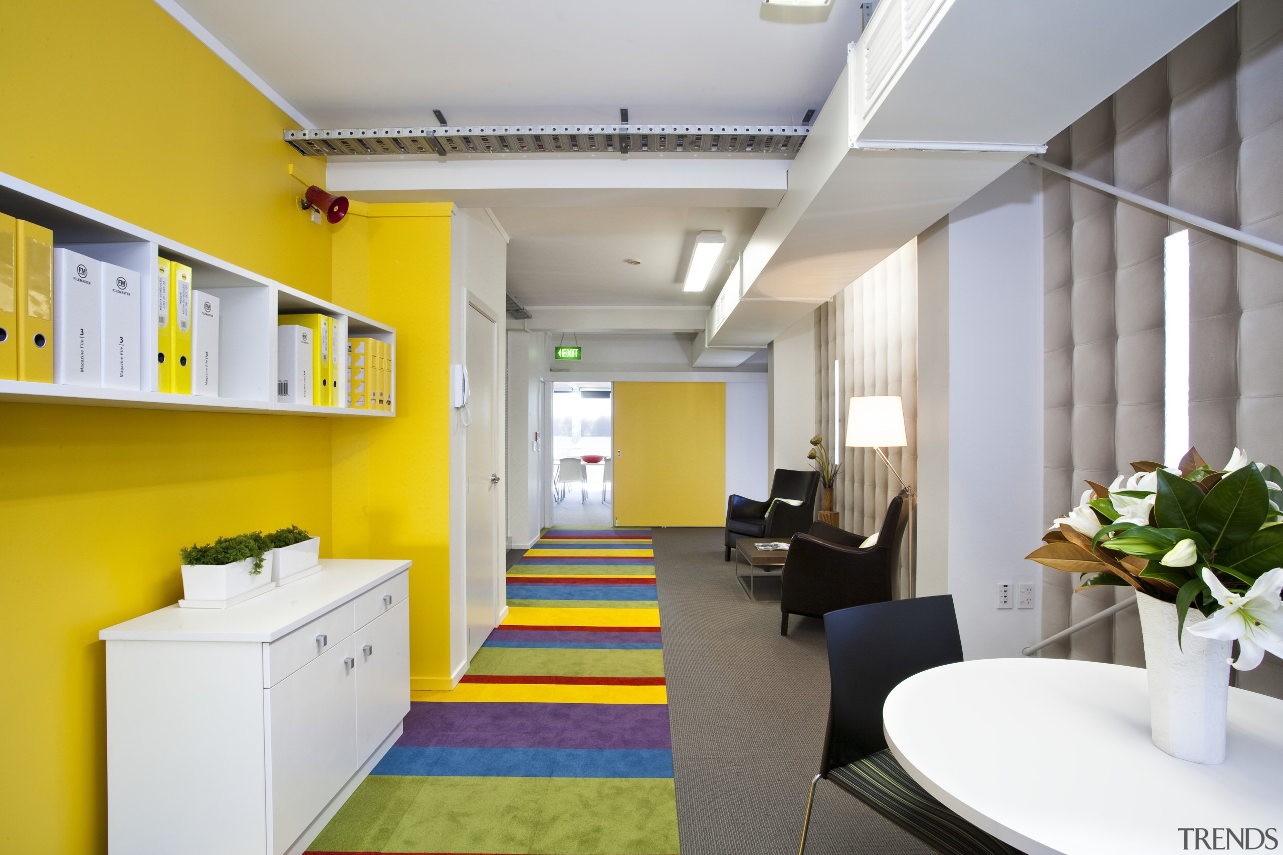 hallway featuring yellow walls and white ceilings from architecture, ceiling, interior design, office, real estate, room, gray