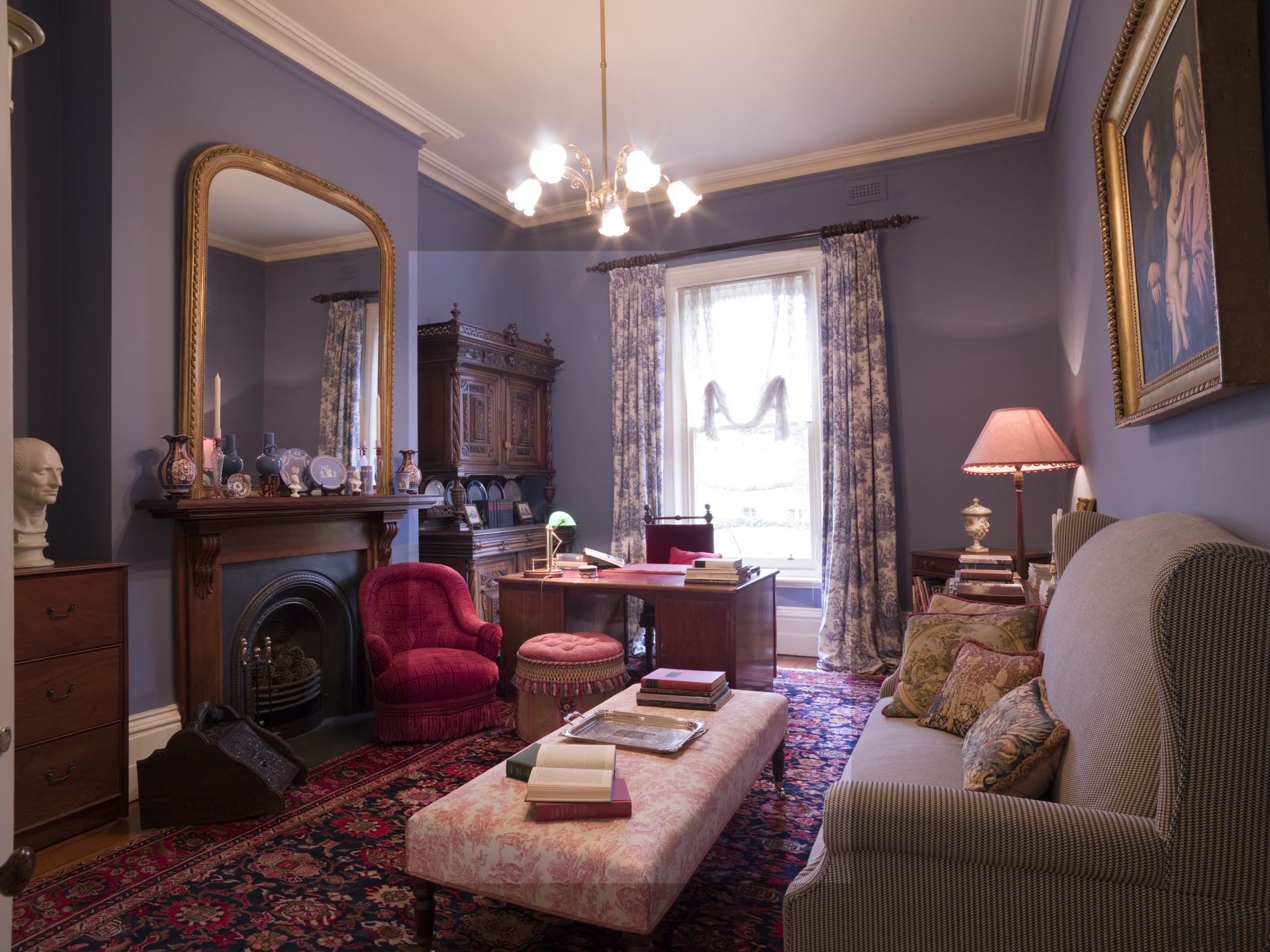 A view of some antique furniture from Roy's ceiling, furniture, home, house, interior design, living room, property, real estate, room, window, red