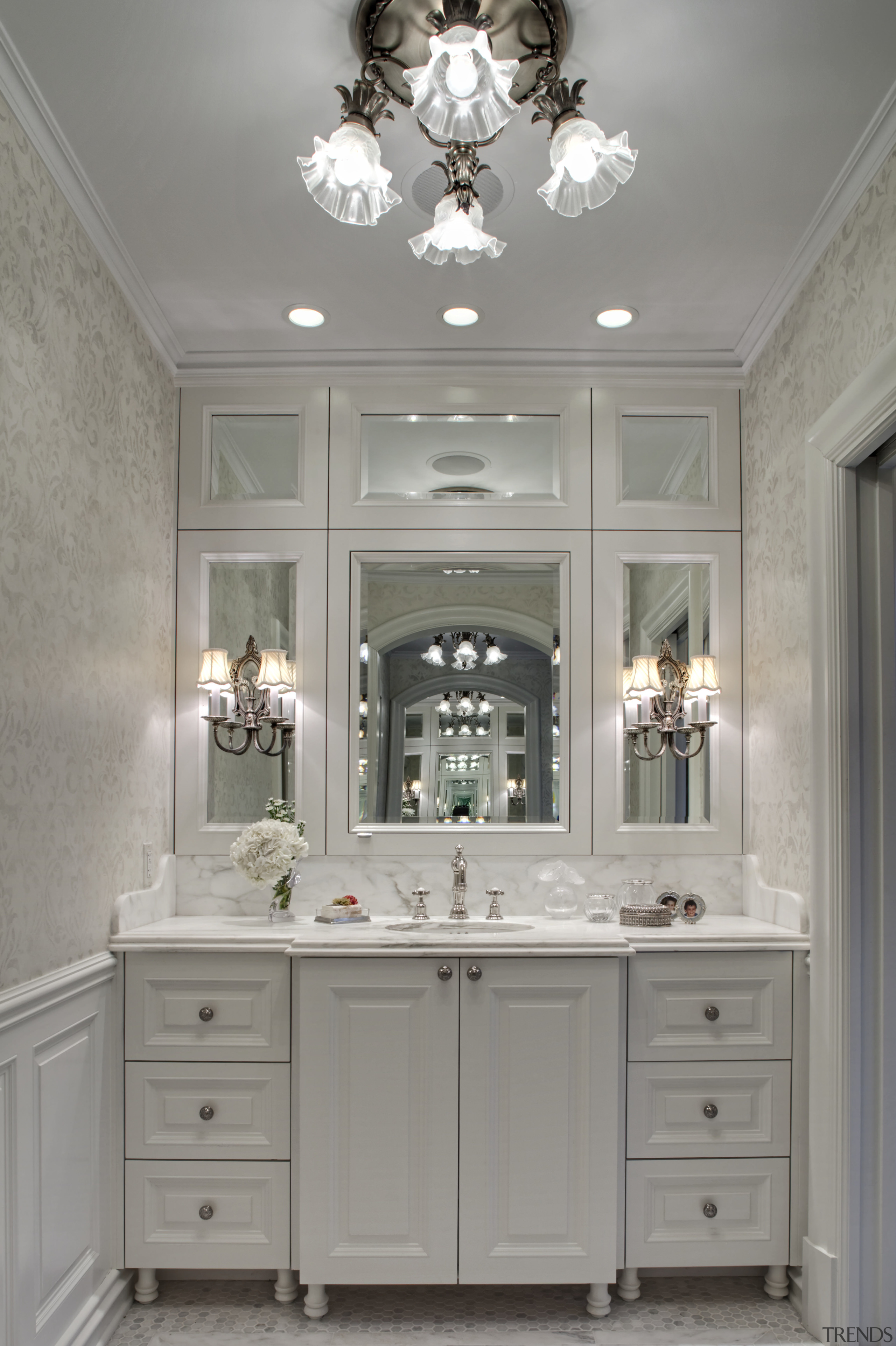 View of traditional-styled bathroom which features a custom bathroom, bathroom accessory, bathroom cabinet, cabinetry, ceiling, countertop, cuisine classique, home, interior design, room, sink, gray