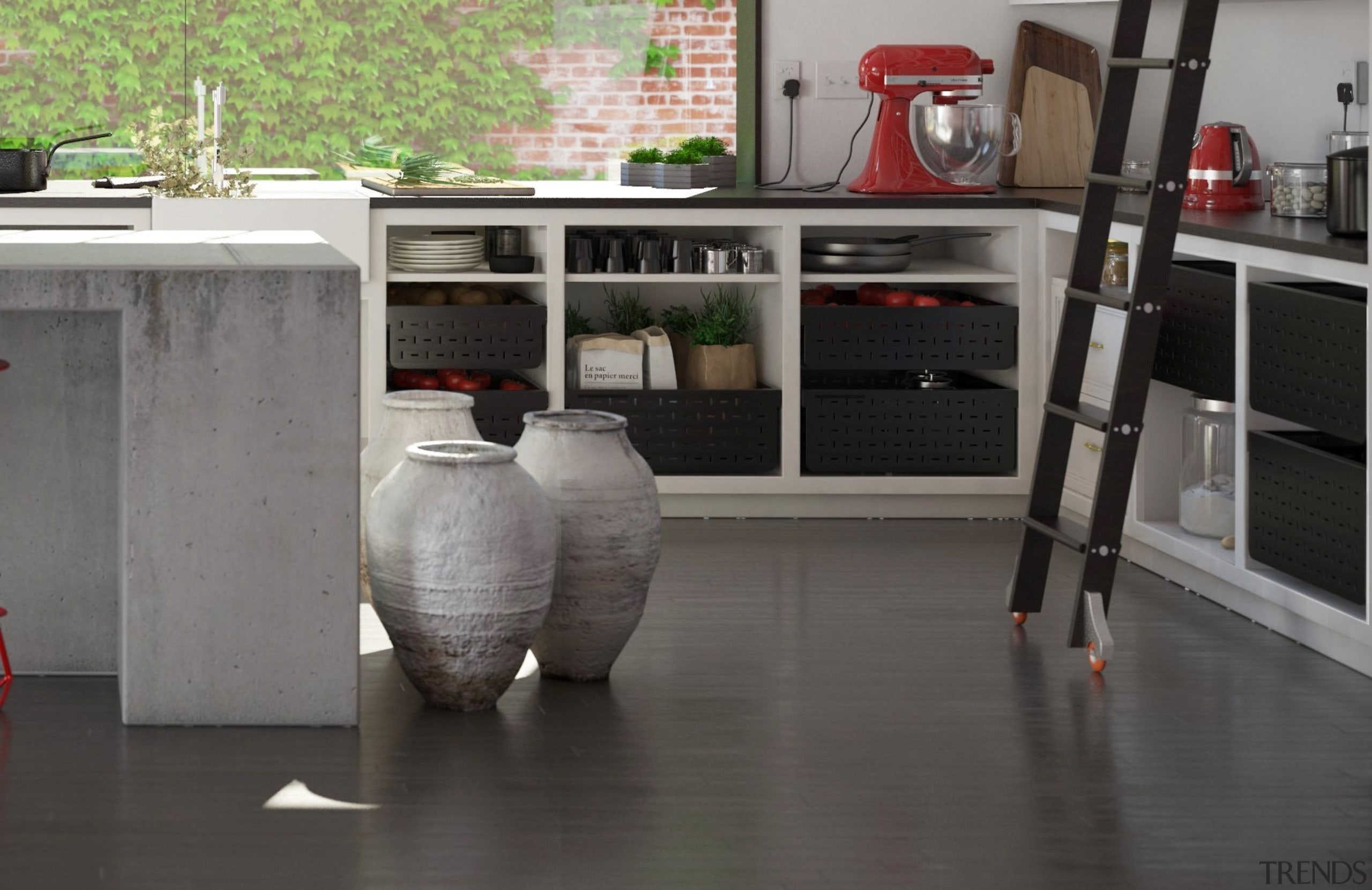 Tanova Ventilated Drawers in Kitchen Setting - Custom floor, flooring, furniture, tile, gray, black